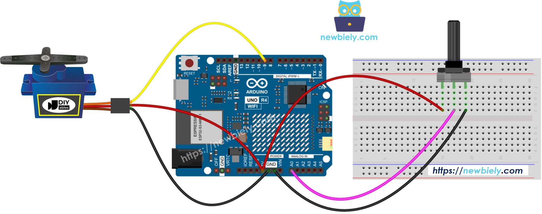 The wiring diagram between Arduino UNO R4 Servo Motor Potentiometer