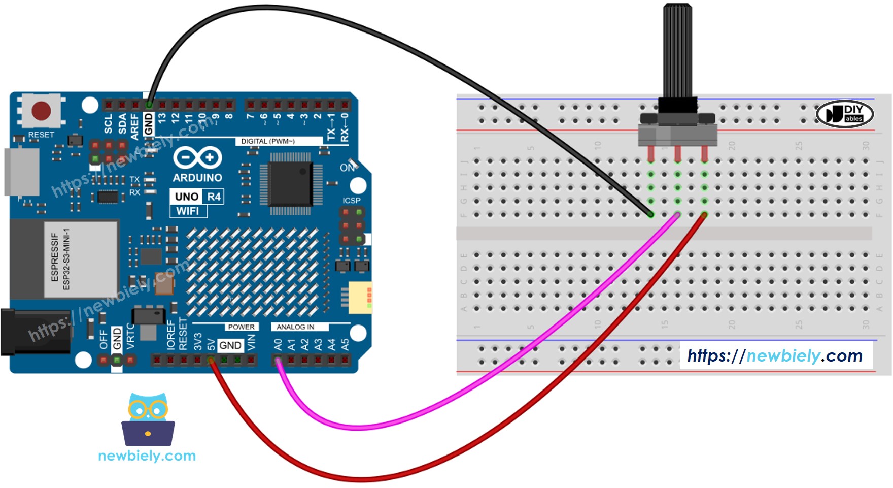 The wiring diagram between Arduino UNO R4 Potentiometer