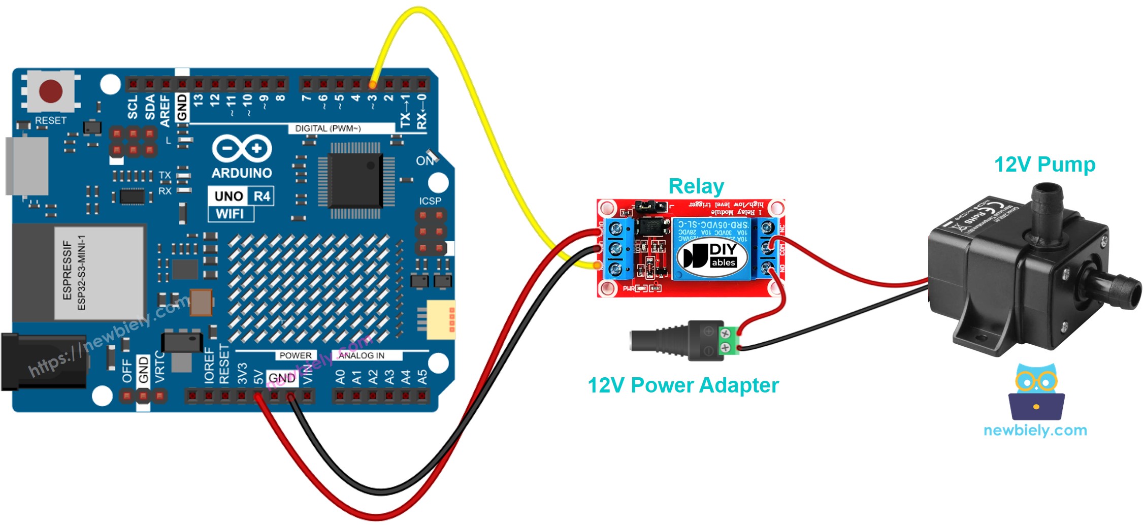 The wiring diagram between Arduino UNO R4 Pump