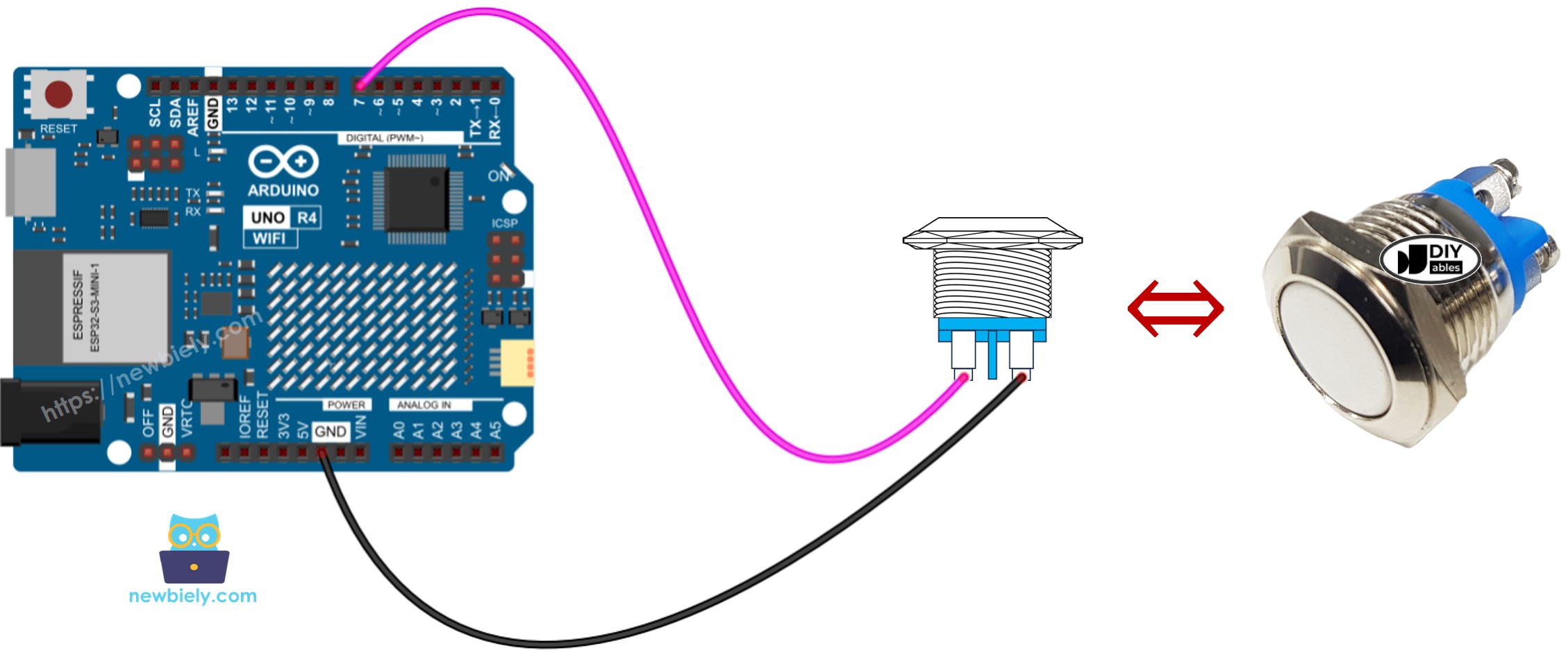 The wiring diagram between Arduino UNO R4 two-pin push button