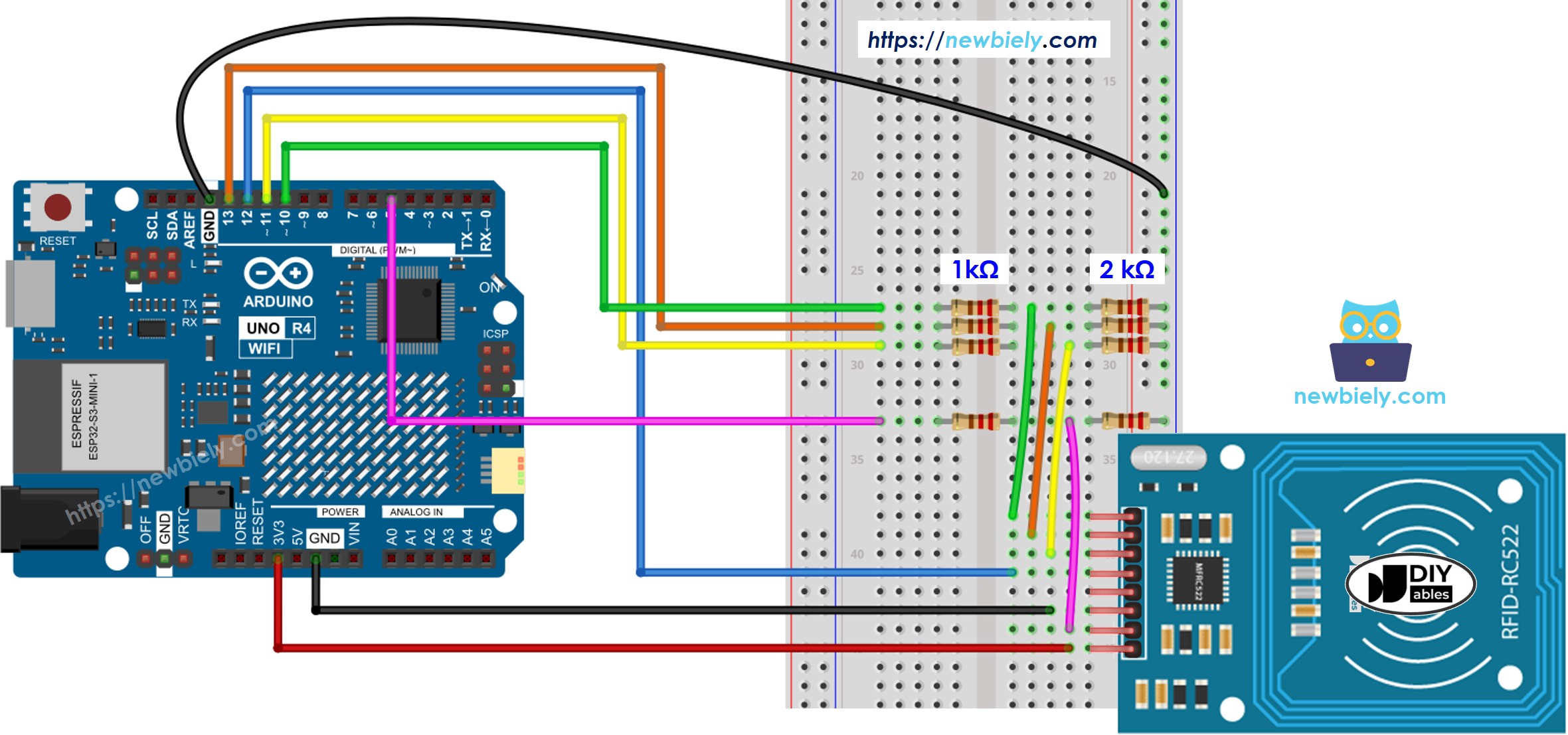 The wiring diagram between Arduino UNO R4 RFID RC522 with voltage regulated