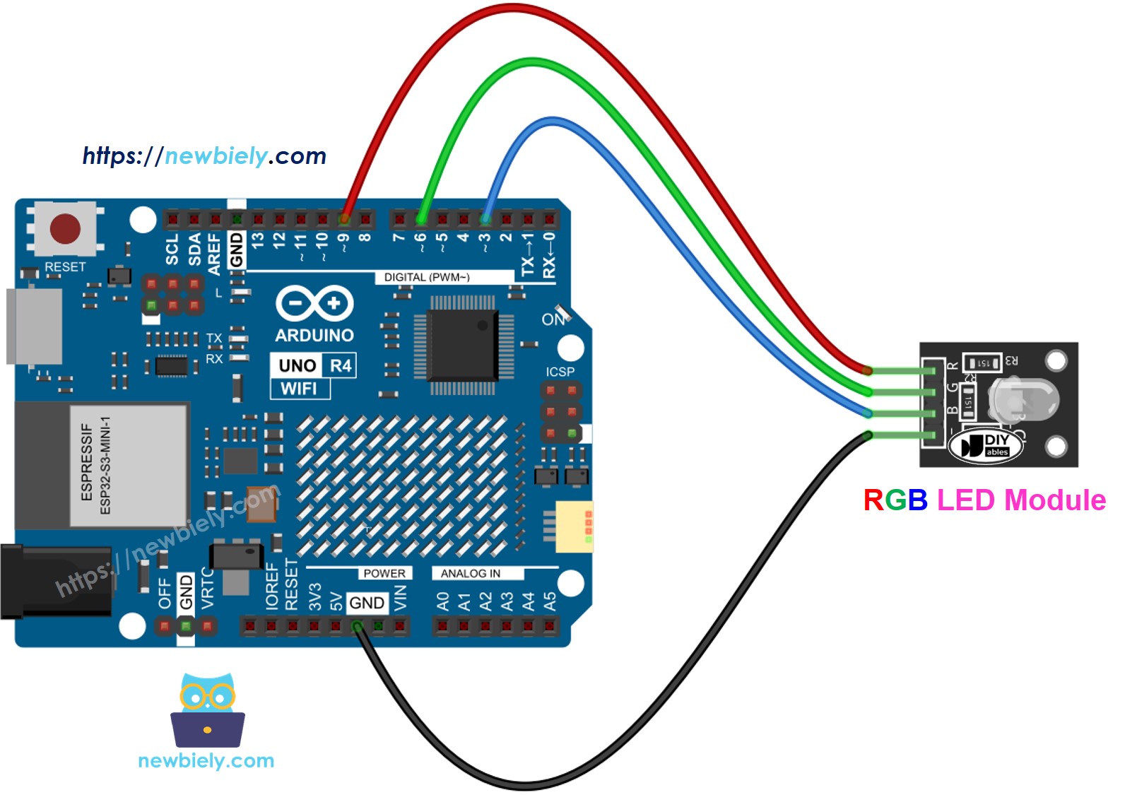 The wiring diagram between Arduino UNO R4 RGB LED module