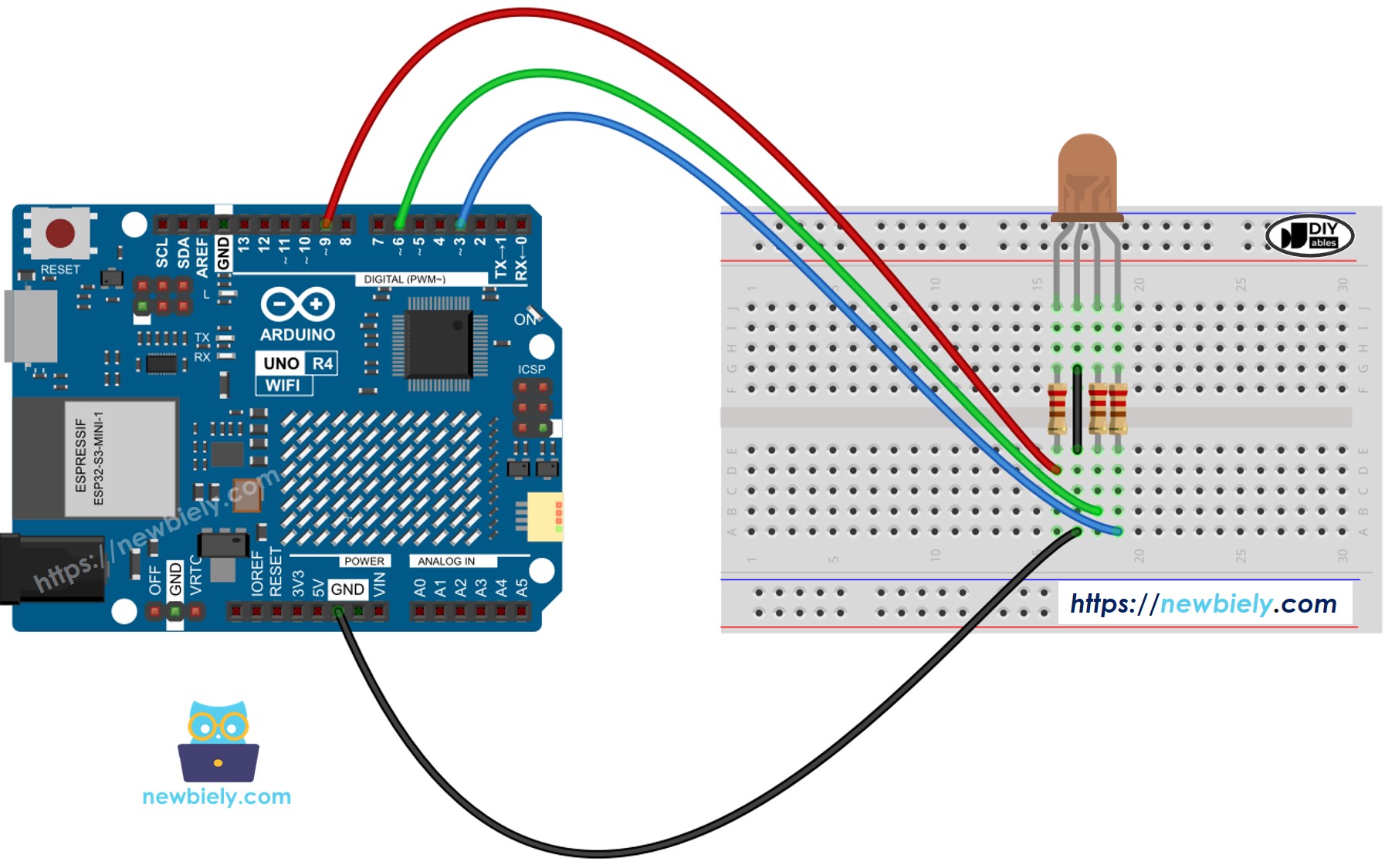 The wiring diagram between Arduino UNO R4 RGB LED