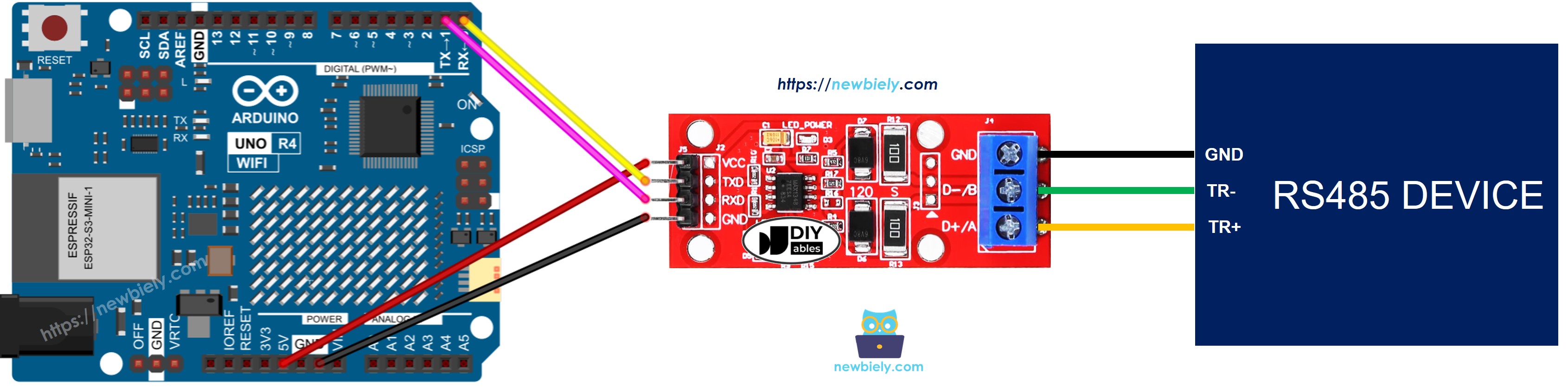 The wiring diagram between Arduino UNO R4 TTL to RS485