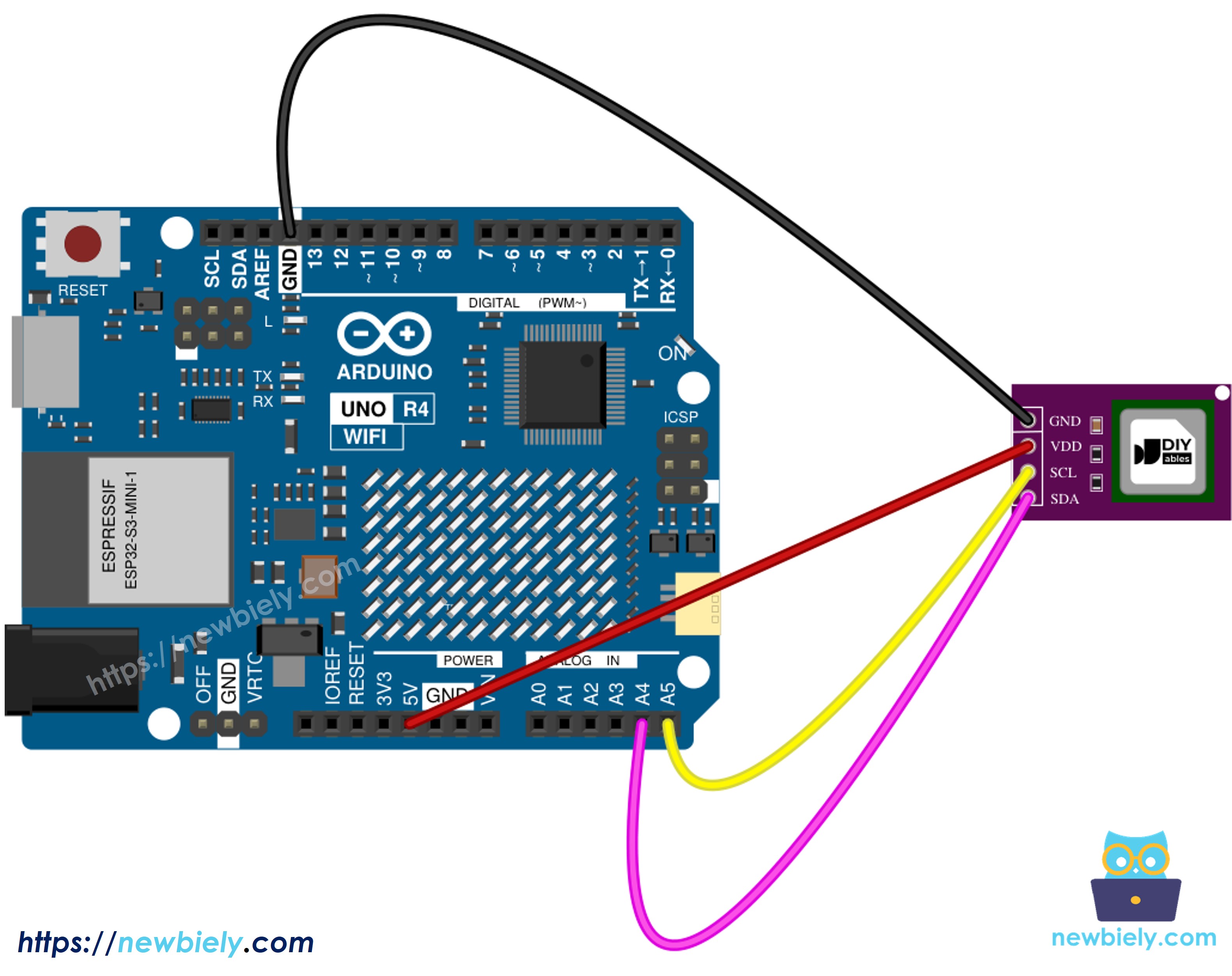 The wiring diagram between Arduino UNO R4 SCD40 CO2 sensor