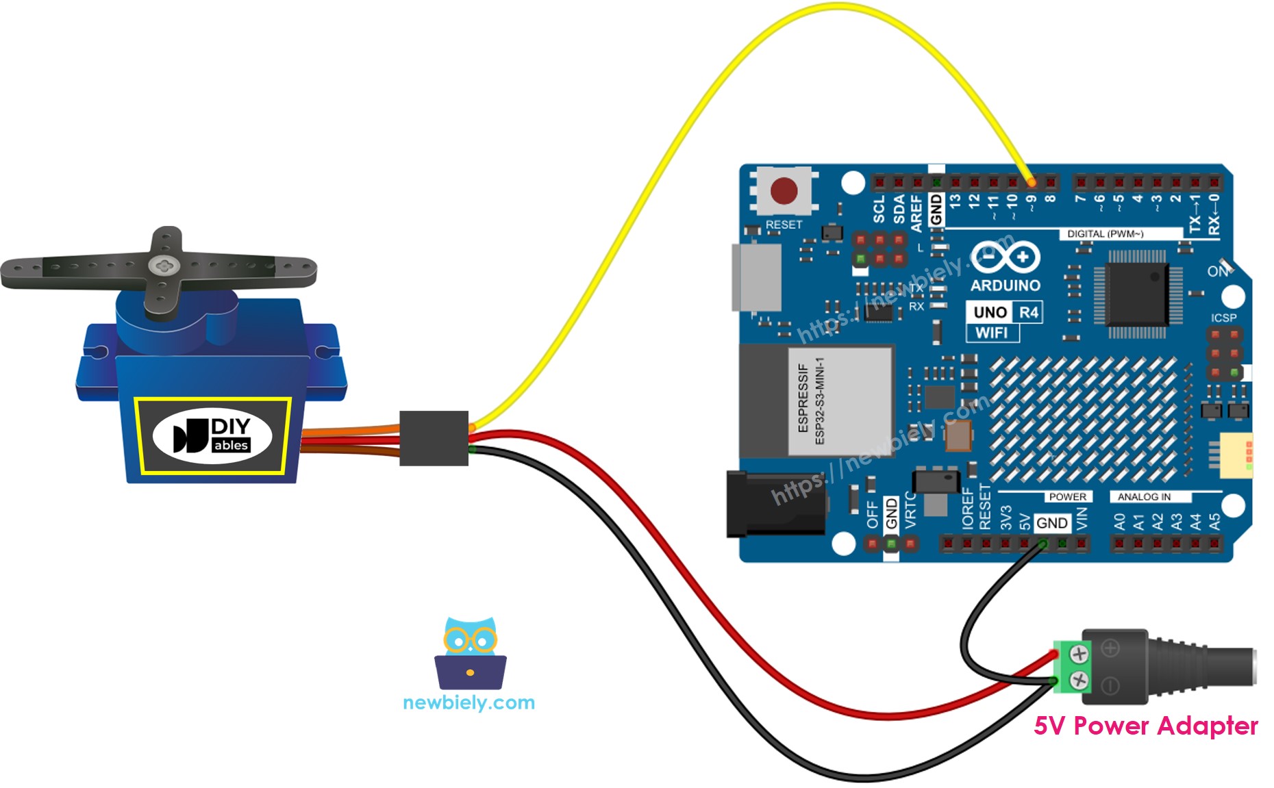 The wiring diagram between Arduino UNO R4 servo motor external power supply