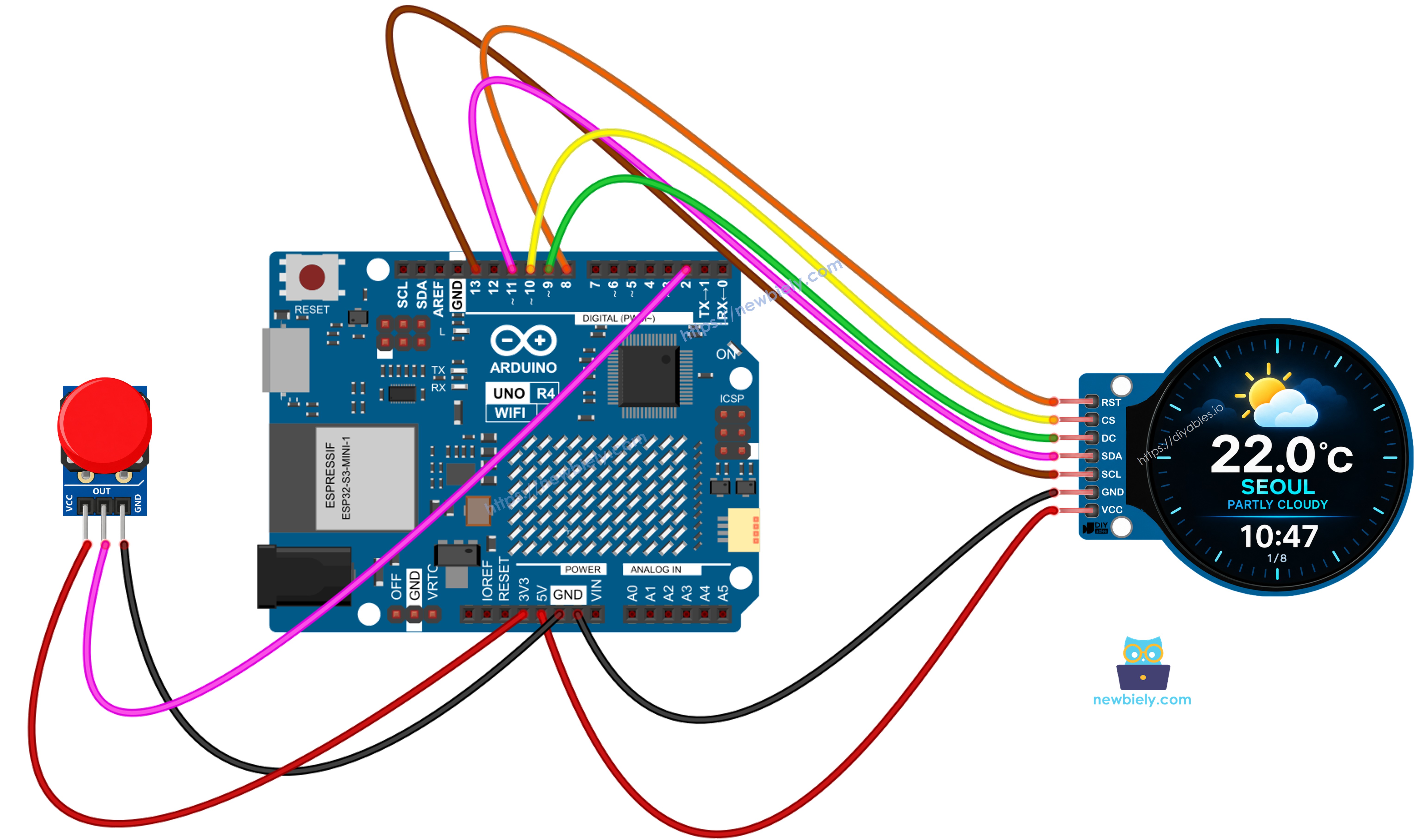 The wiring diagram between Arduino UNO R4 smart weather station  with button module