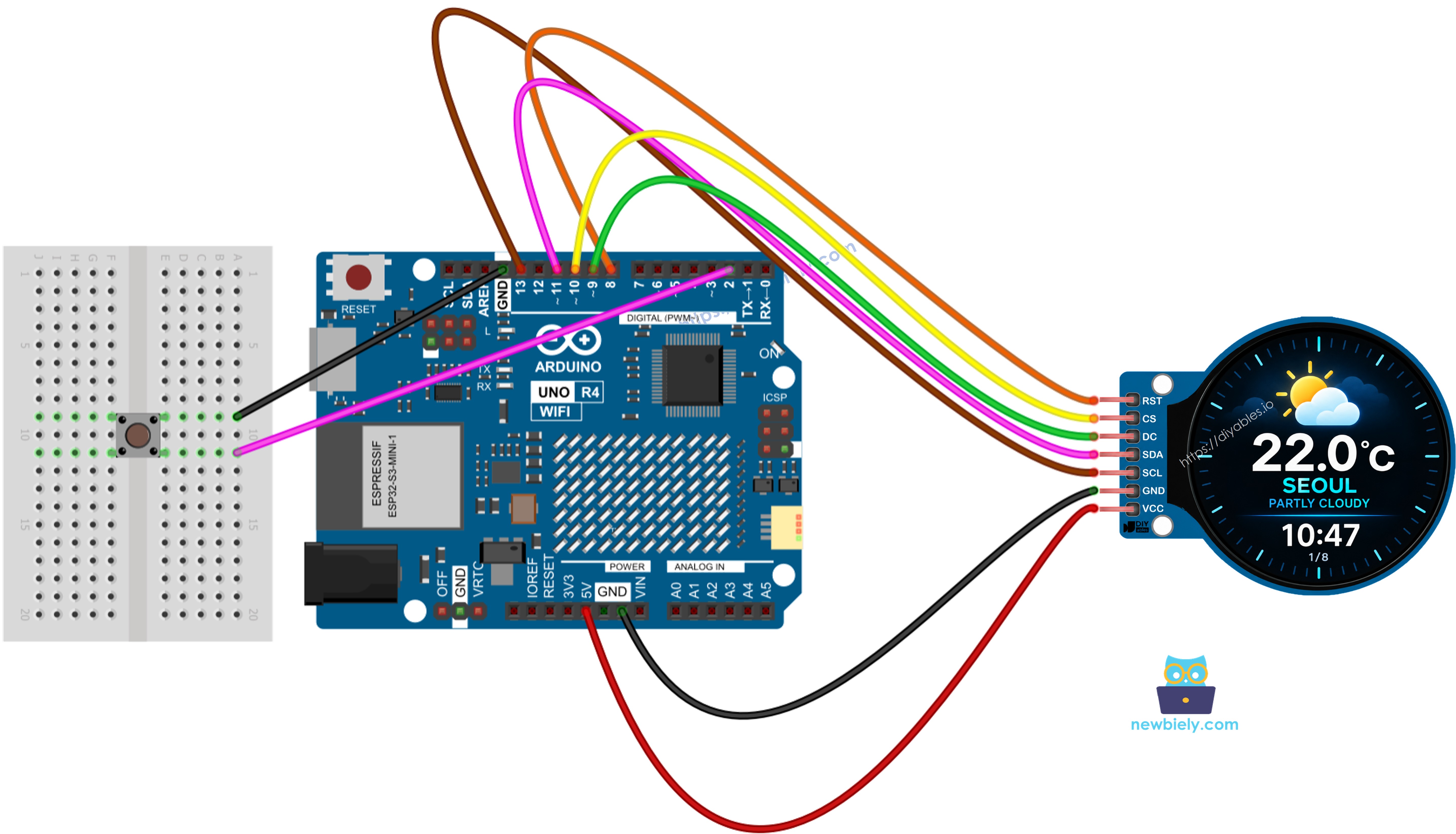 The wiring diagram between Arduino UNO R4 smart weather station  with push button