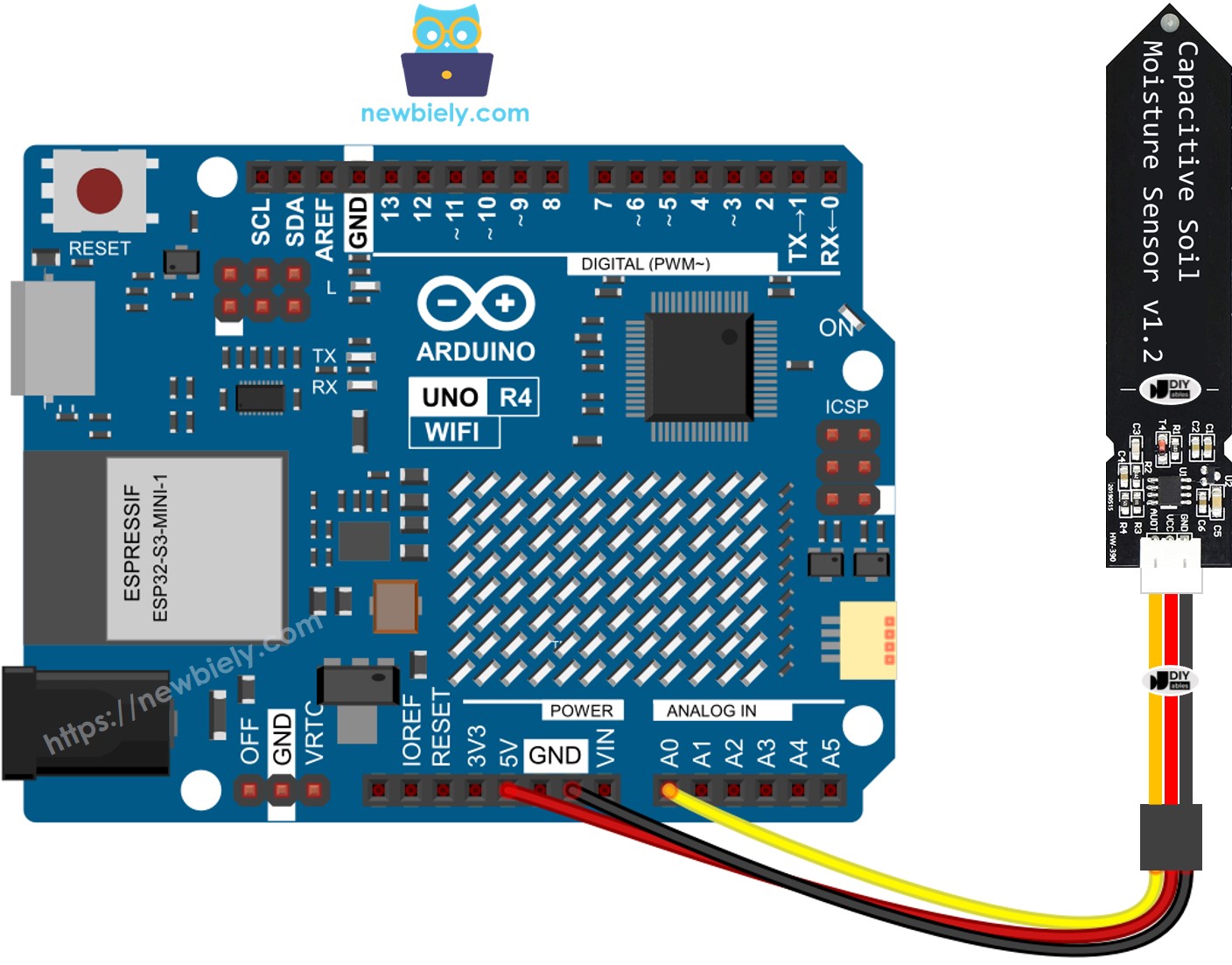 The wiring diagram between Arduino UNO R4 soil moisture sensor