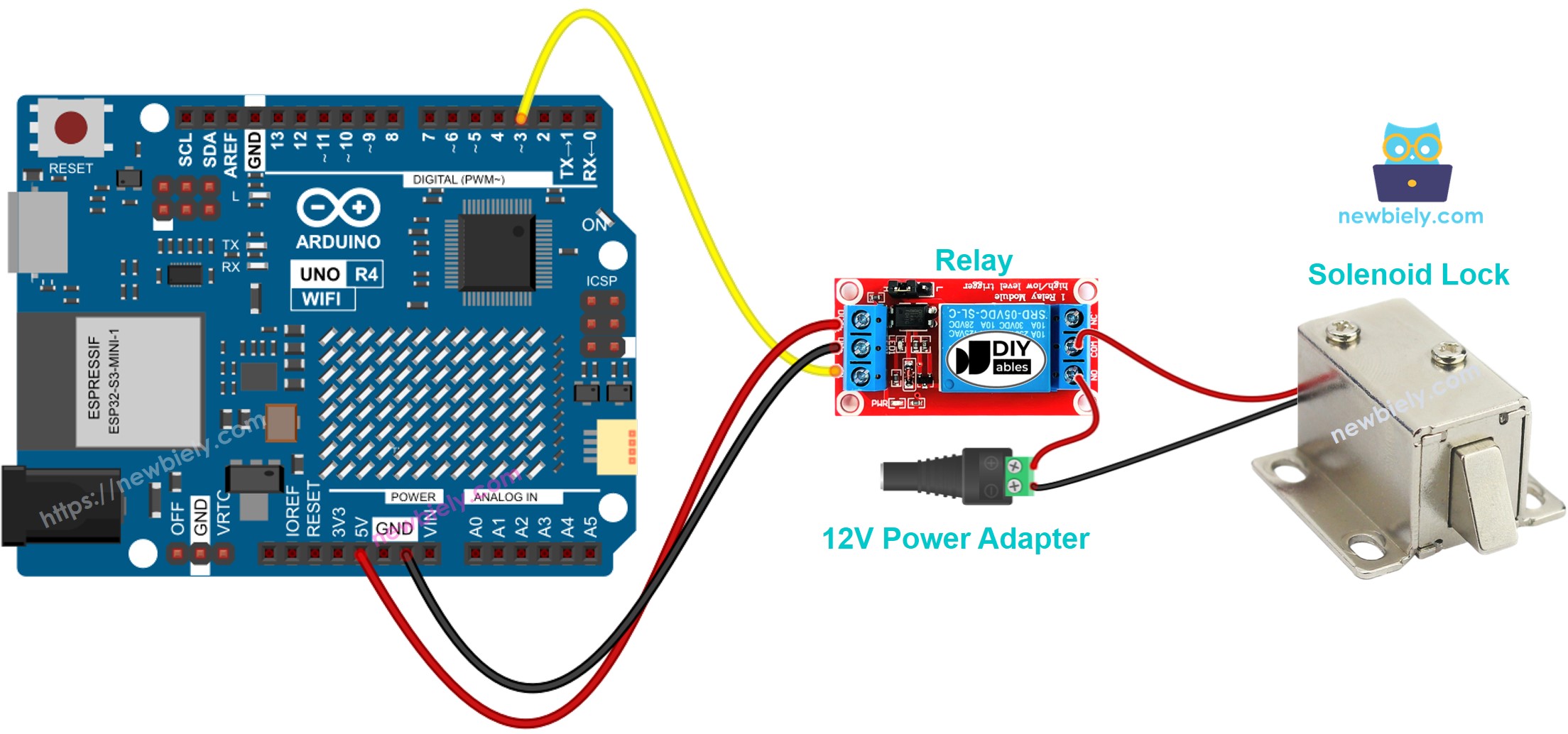 The wiring diagram between Arduino UNO R4 solenoid lock