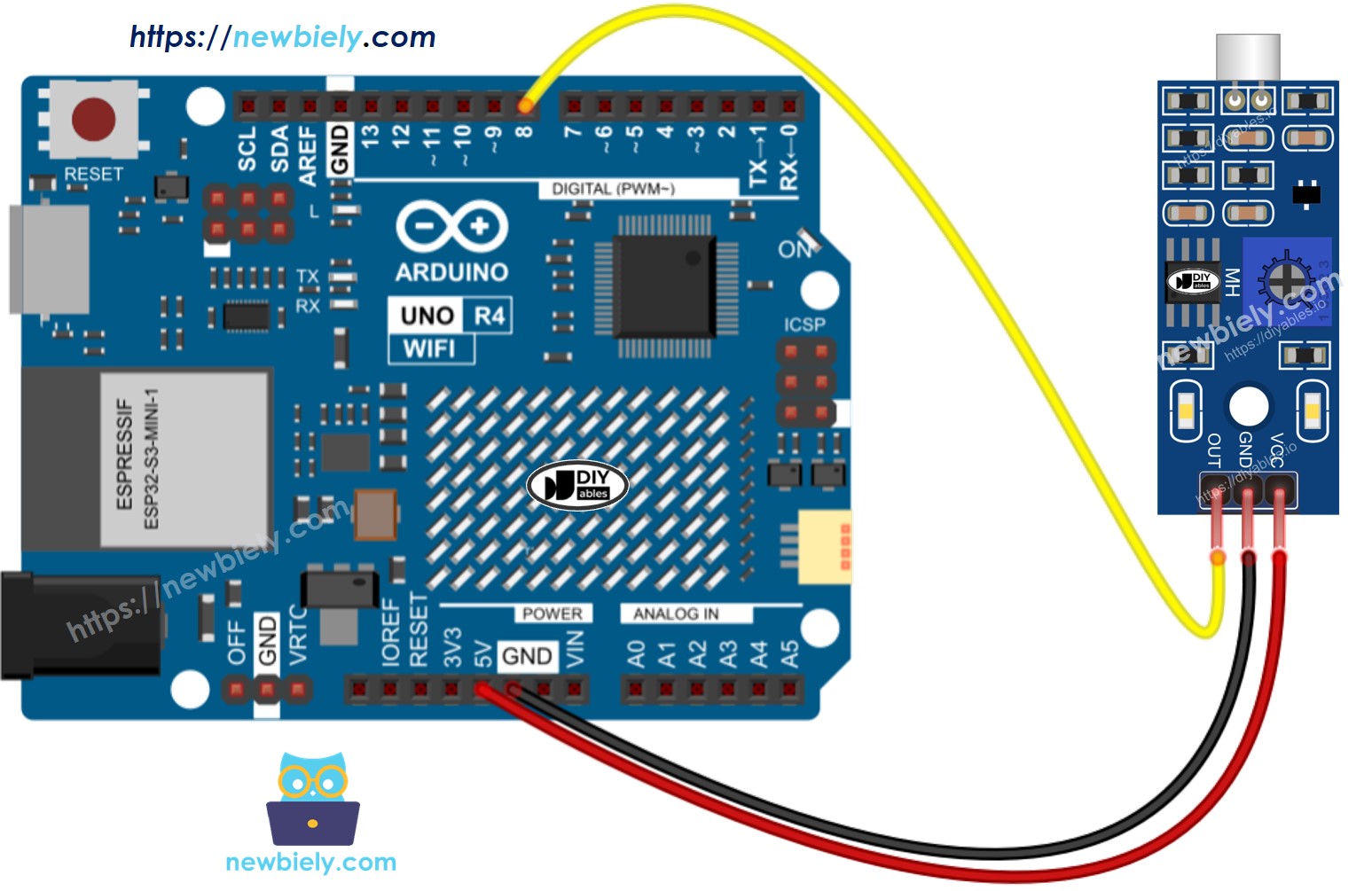 The wiring diagram between Arduino UNO R4 Sound Sensor