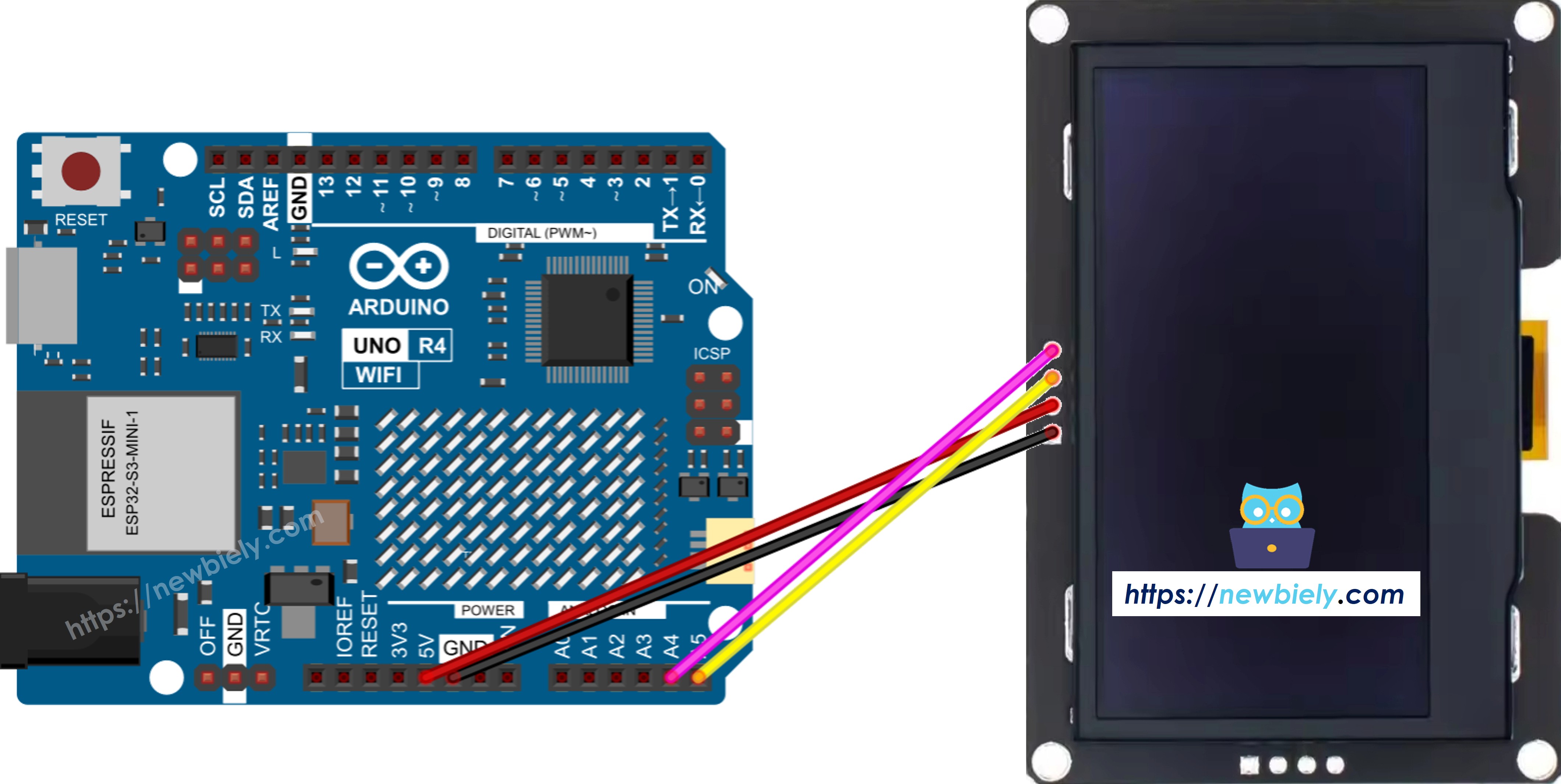 The wiring diagram between Arduino Uno R4 SSD1309 OLED 128x64