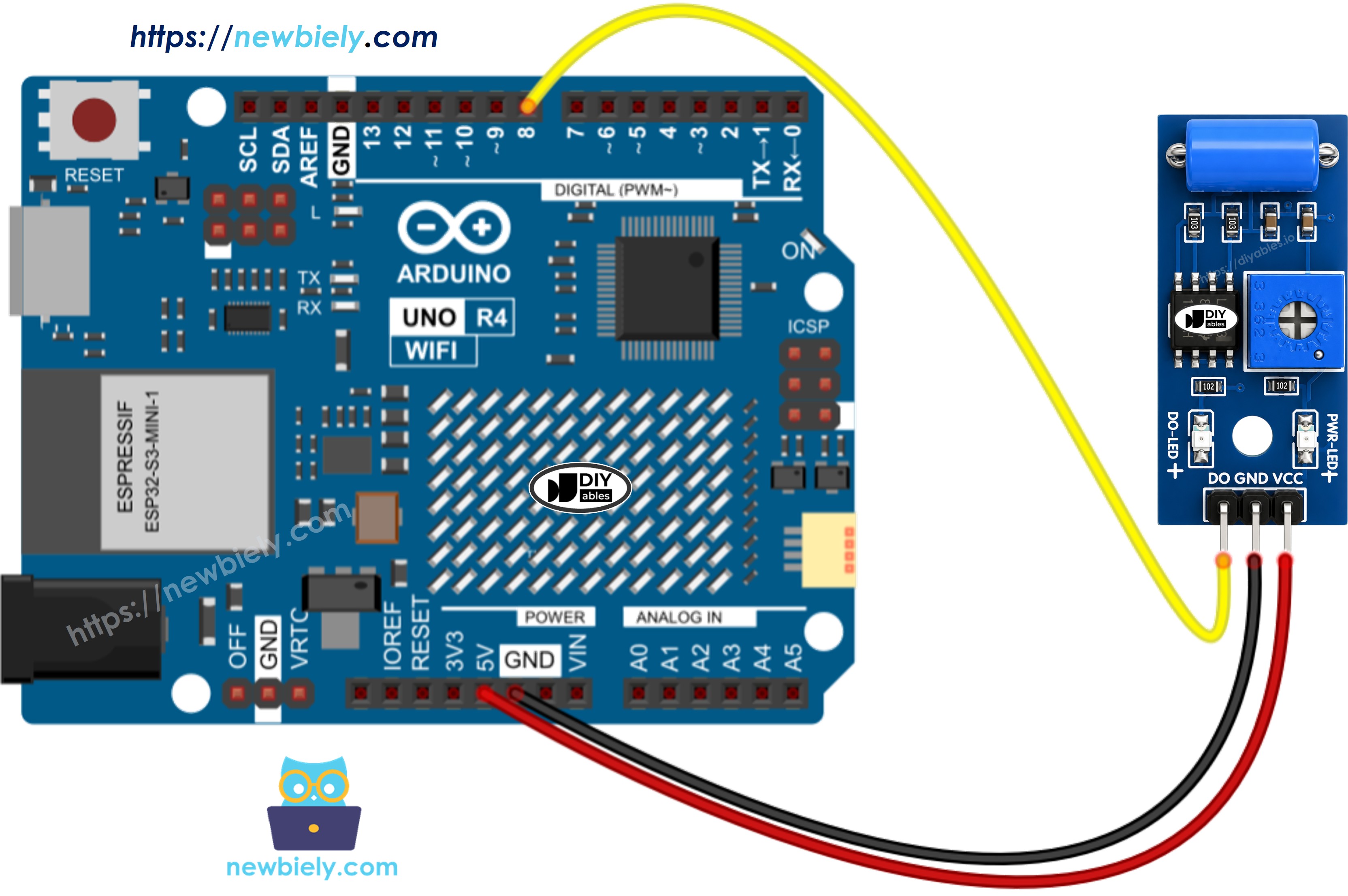 The wiring diagram between Arduino UNO R4 SW-420 Vibration Sensor