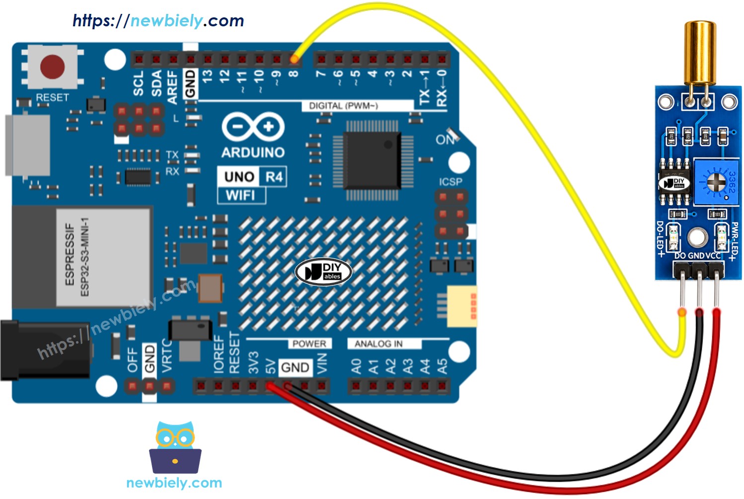 The wiring diagram between Arduino UNO R4 SW520D Tilt Sensor