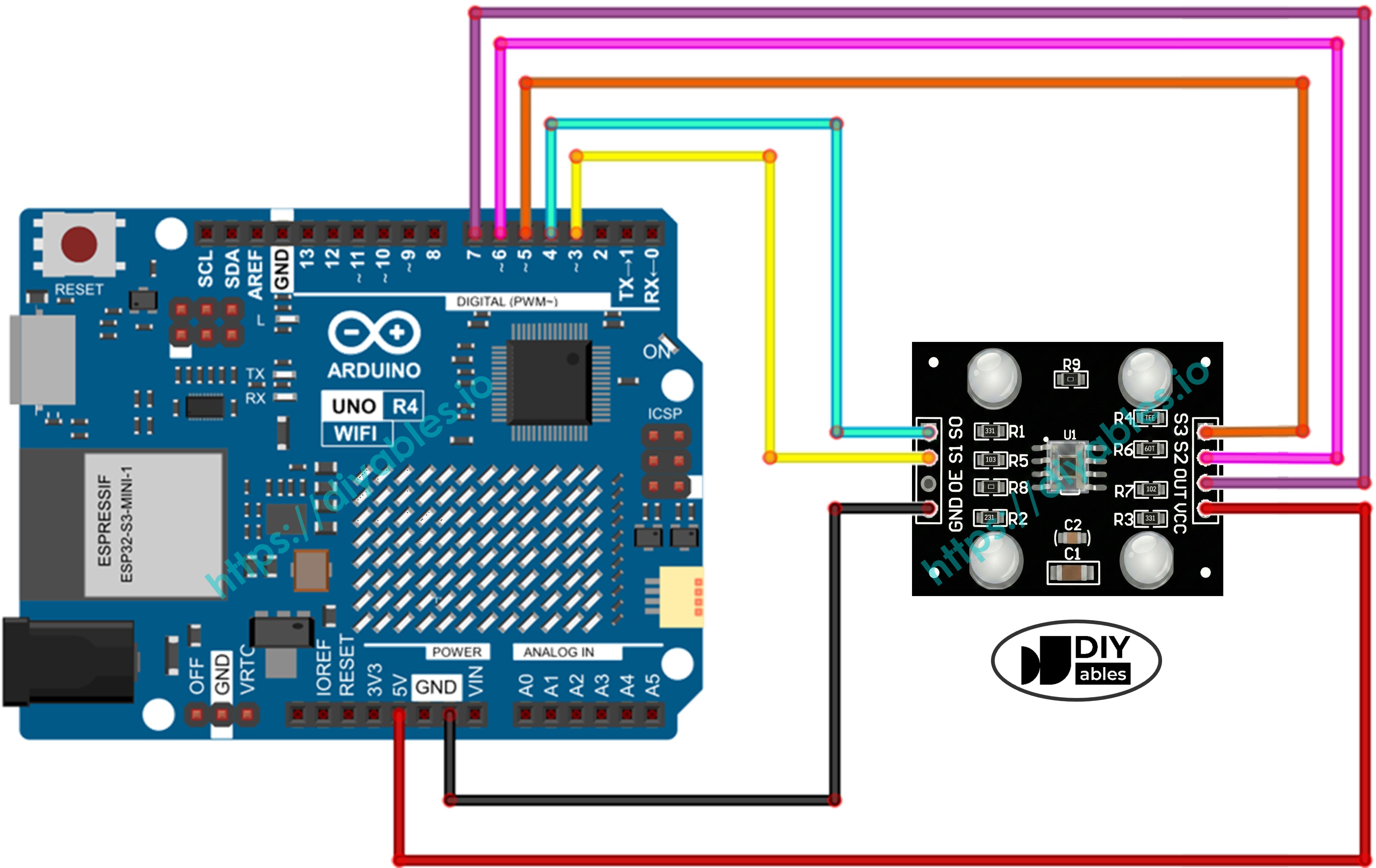 The wiring diagram between Arduino UNO R4 and TCS3200 color sensor showing connection between pins