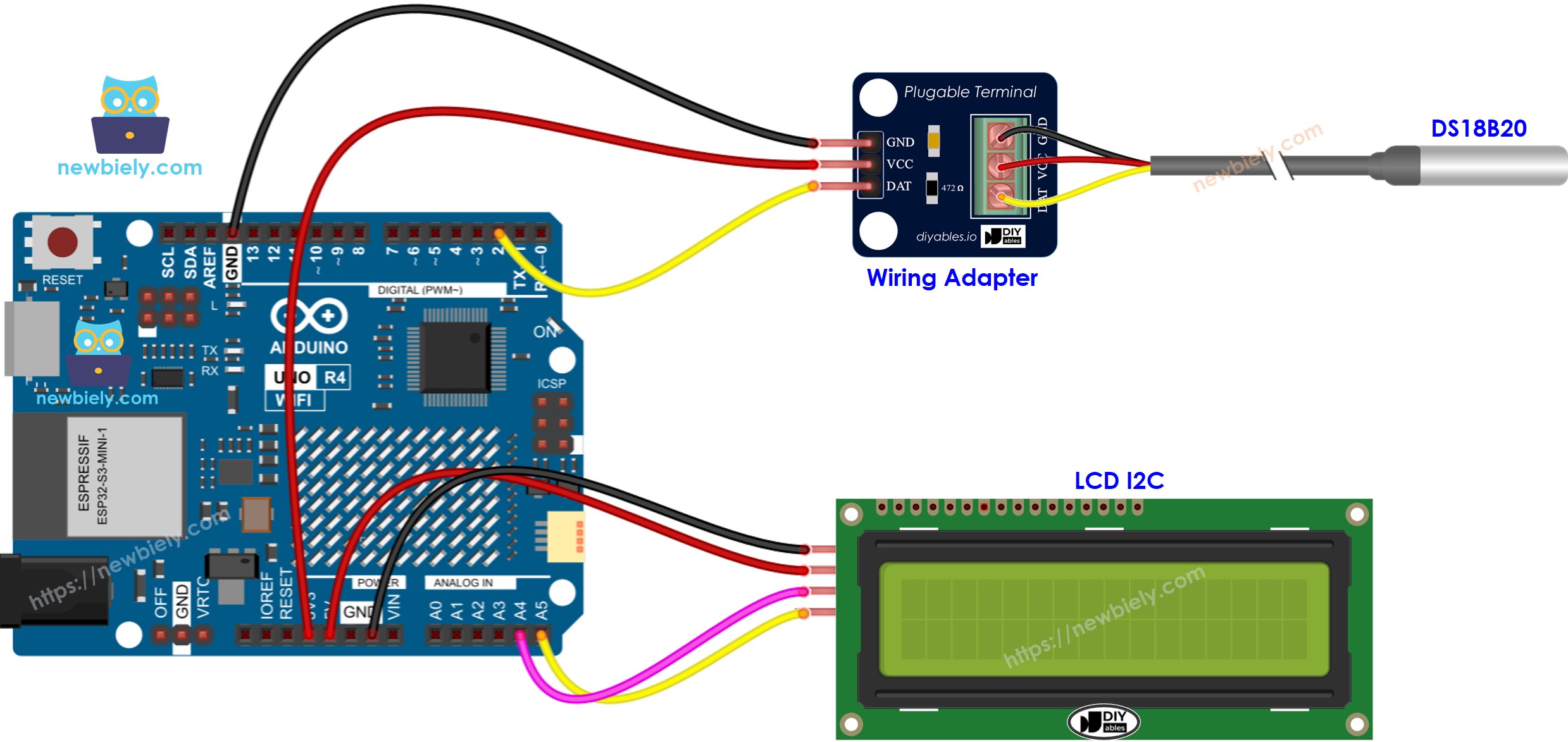 The wiring diagram between Arduino UNO R4 Temperature Sensor LCD