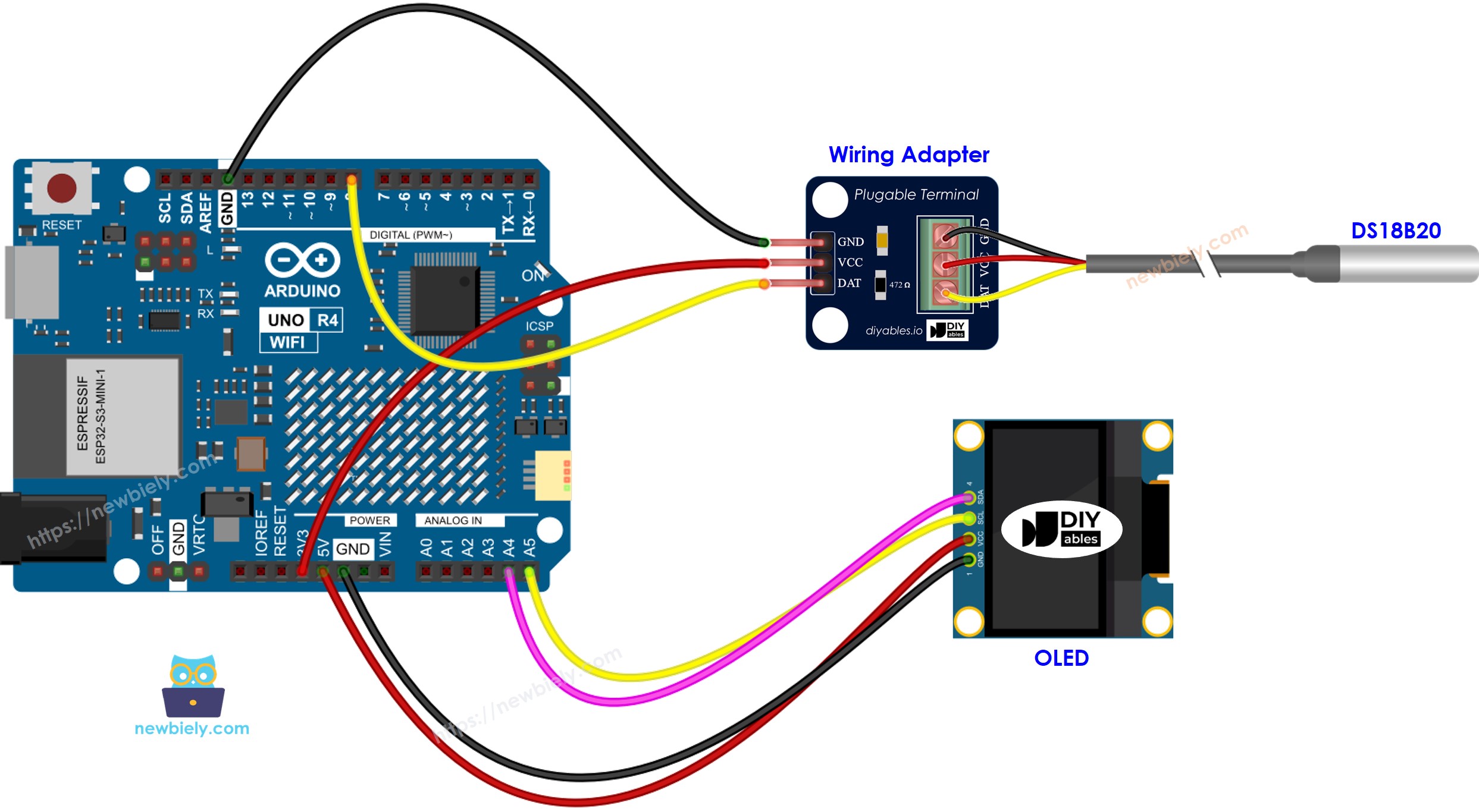 The wiring diagram between Arduino UNO R4 DS18B20 Temperature Sensor OLED