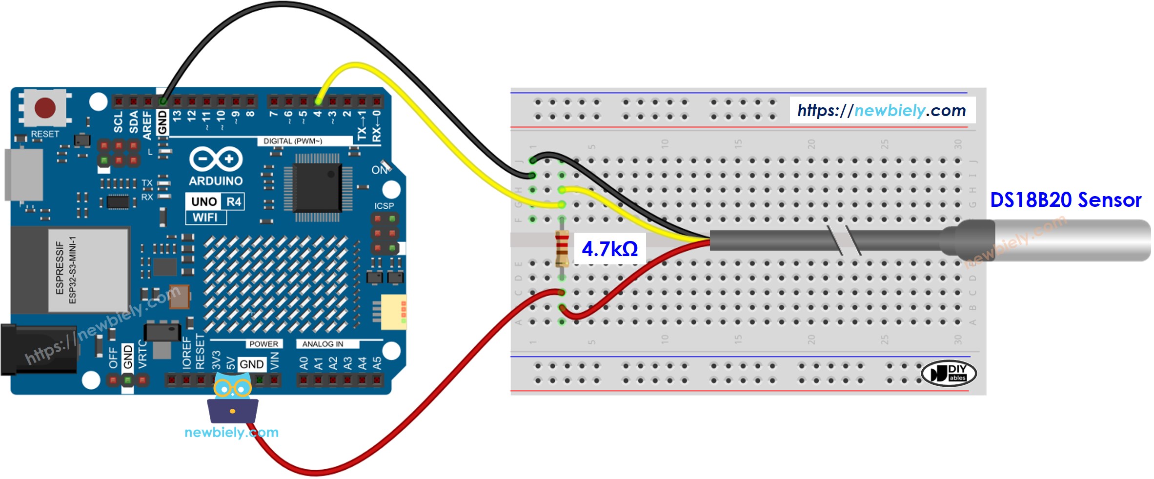 The wiring diagram between Arduino UNO R4 Temperature Sensor