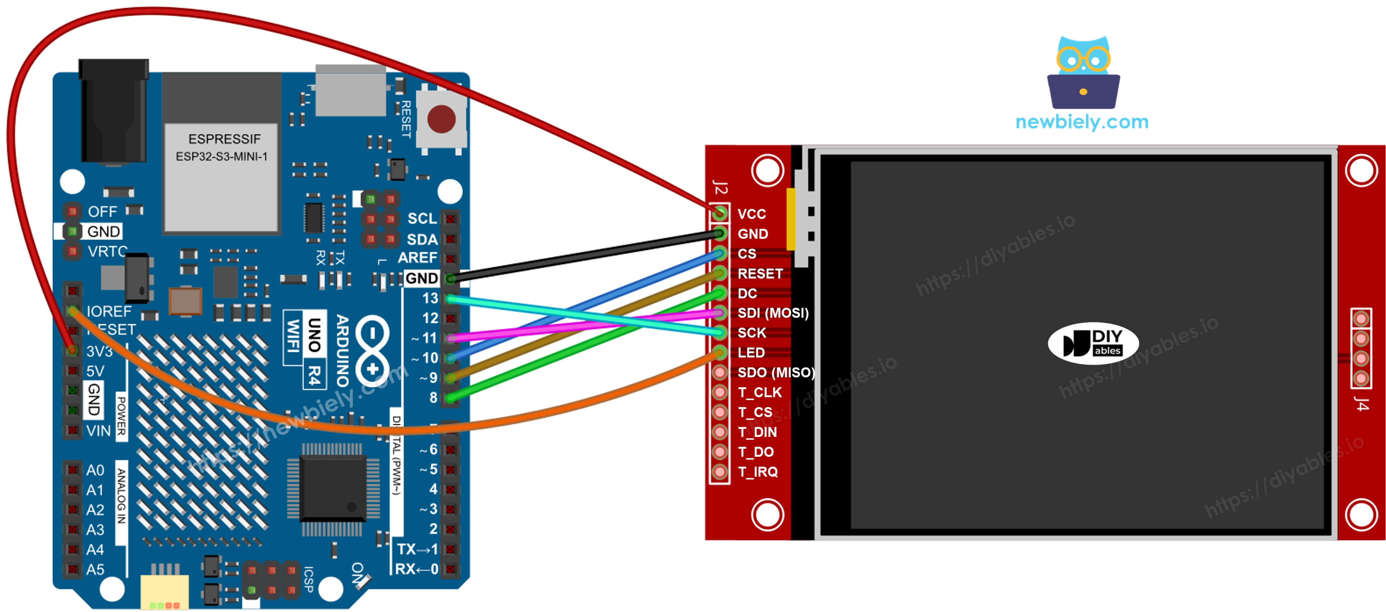 The wiring diagram between Arduino Uno R4 TFT SPI Display  without touch