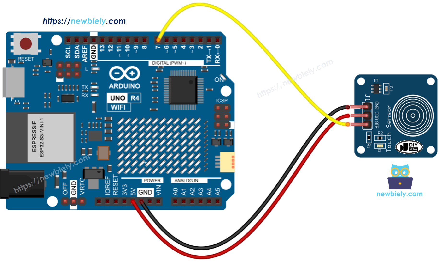 The wiring diagram between Arduino UNO R4 Touch Sensor