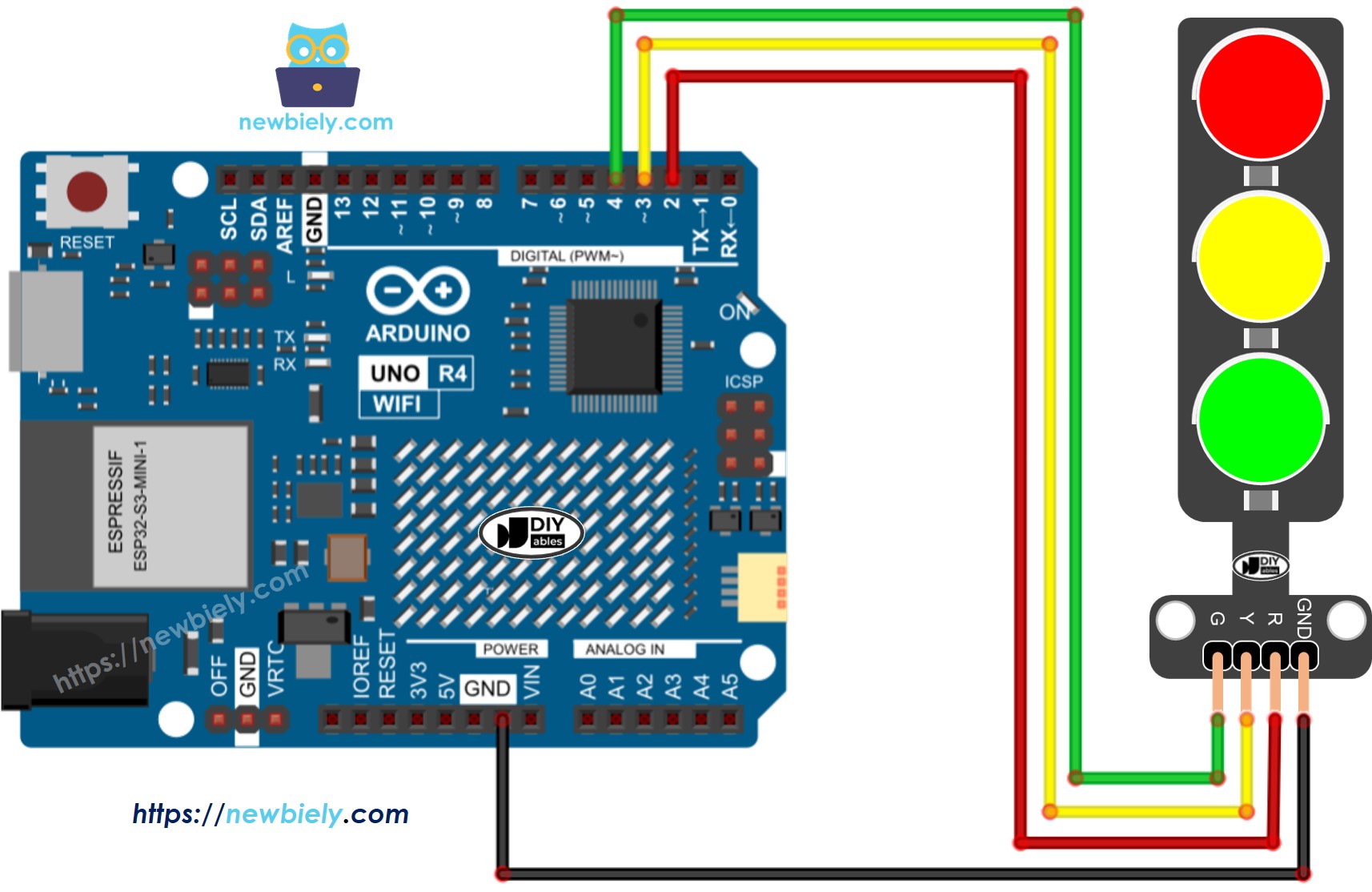 The wiring diagram between Arduino UNO R4 traffic light