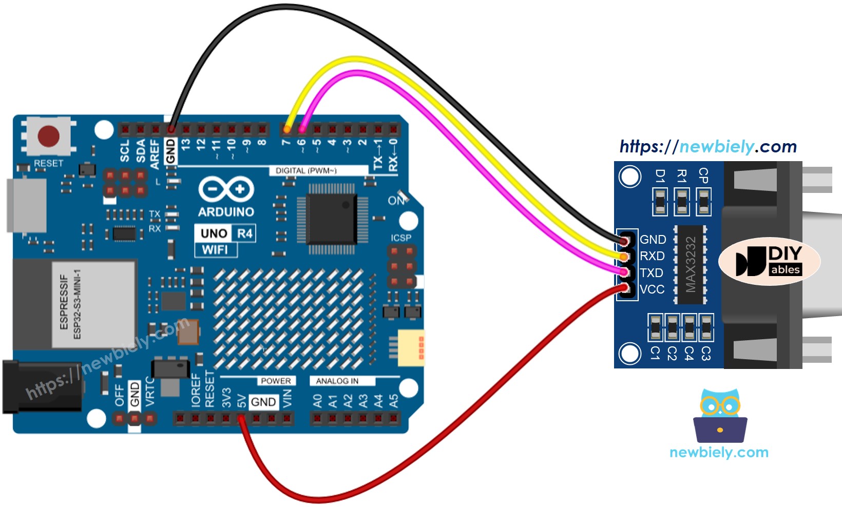 The wiring diagram between Arduino UNO R4 RS232 to TTL