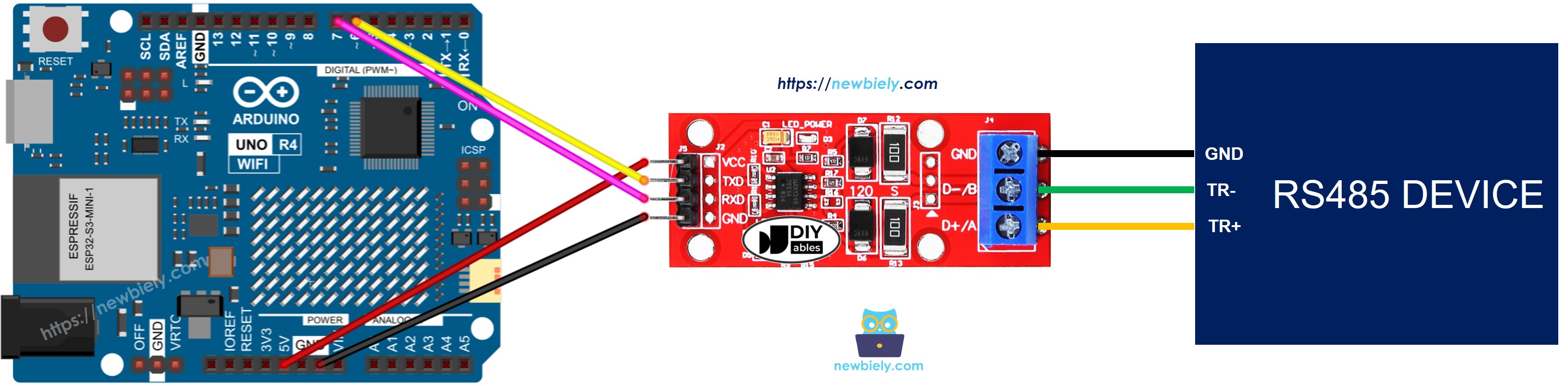 The wiring diagram between Arduino UNO R4 RS-485 to TTL