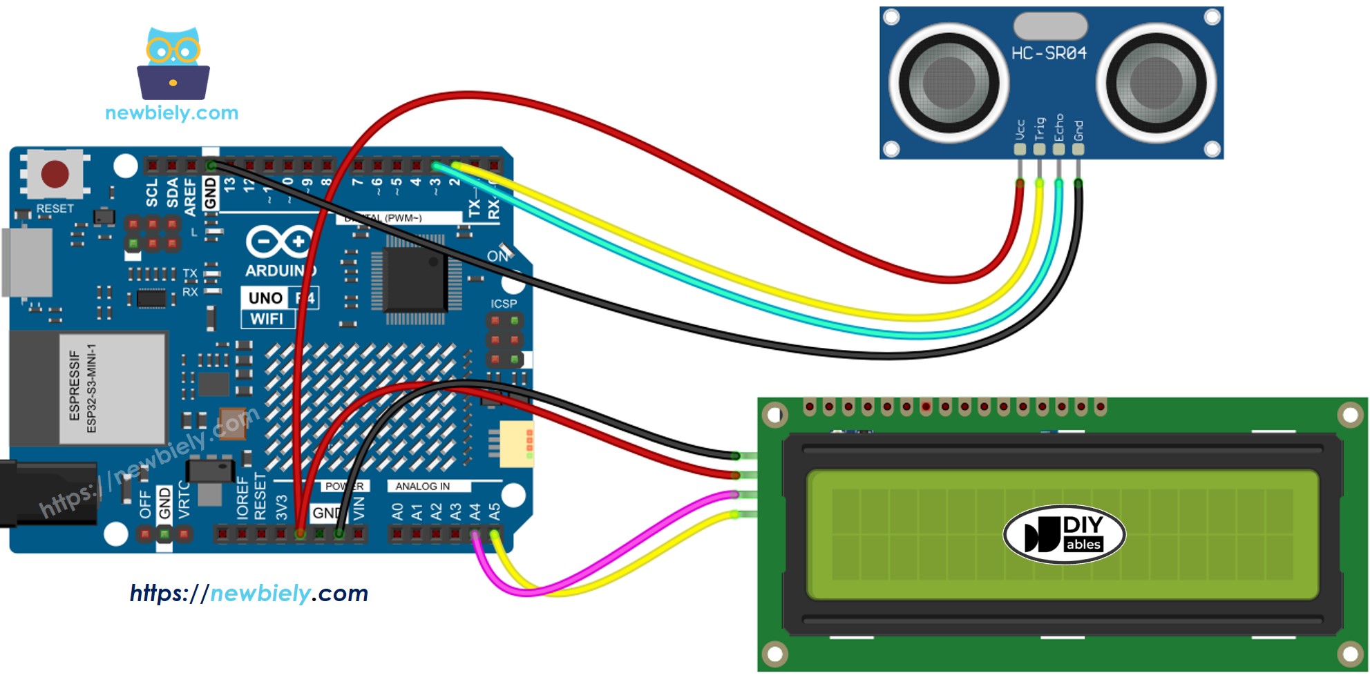 The wiring diagram between Arduino UNO R4 Ultrasonic LCD