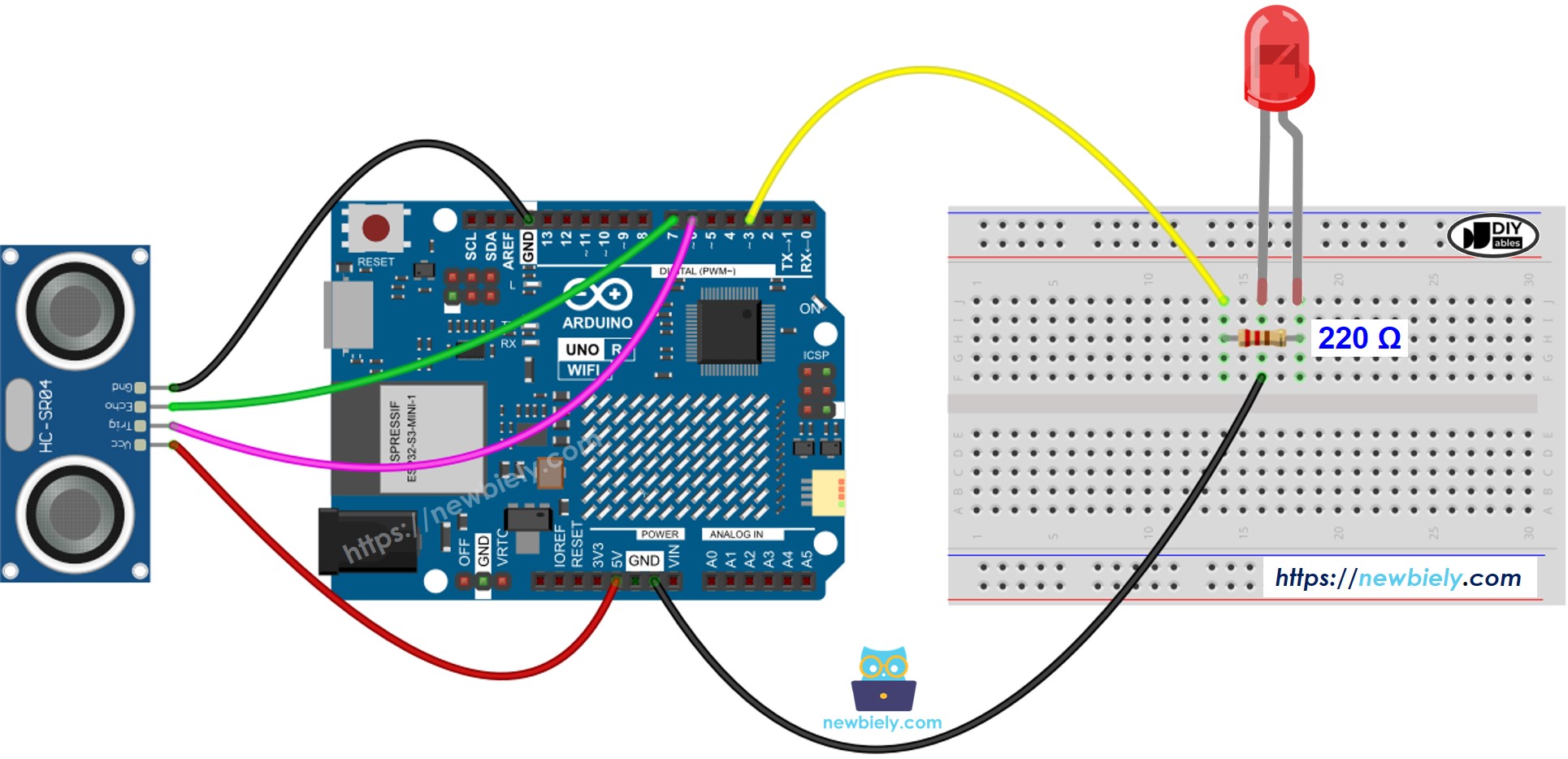 The wiring diagram between Arduino UNO R4 Ultrasonic Sensor LED