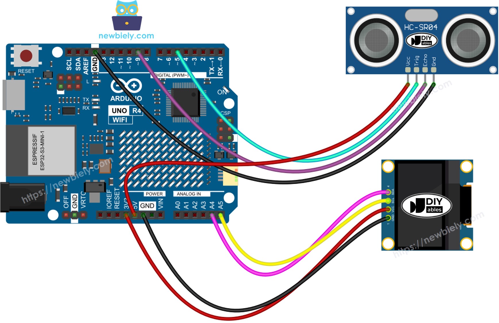 The wiring diagram between Arduino UNO R4 Ultrasonic Sensor OLED