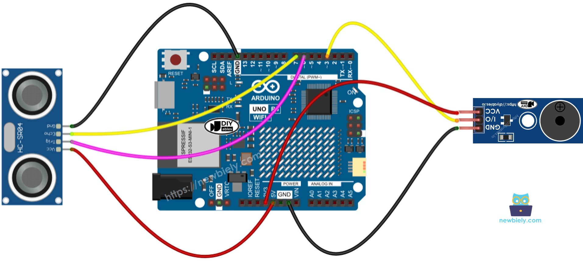 The wiring diagram between Arduino UNO R4 ultrasonic sensor piezo buzzer module