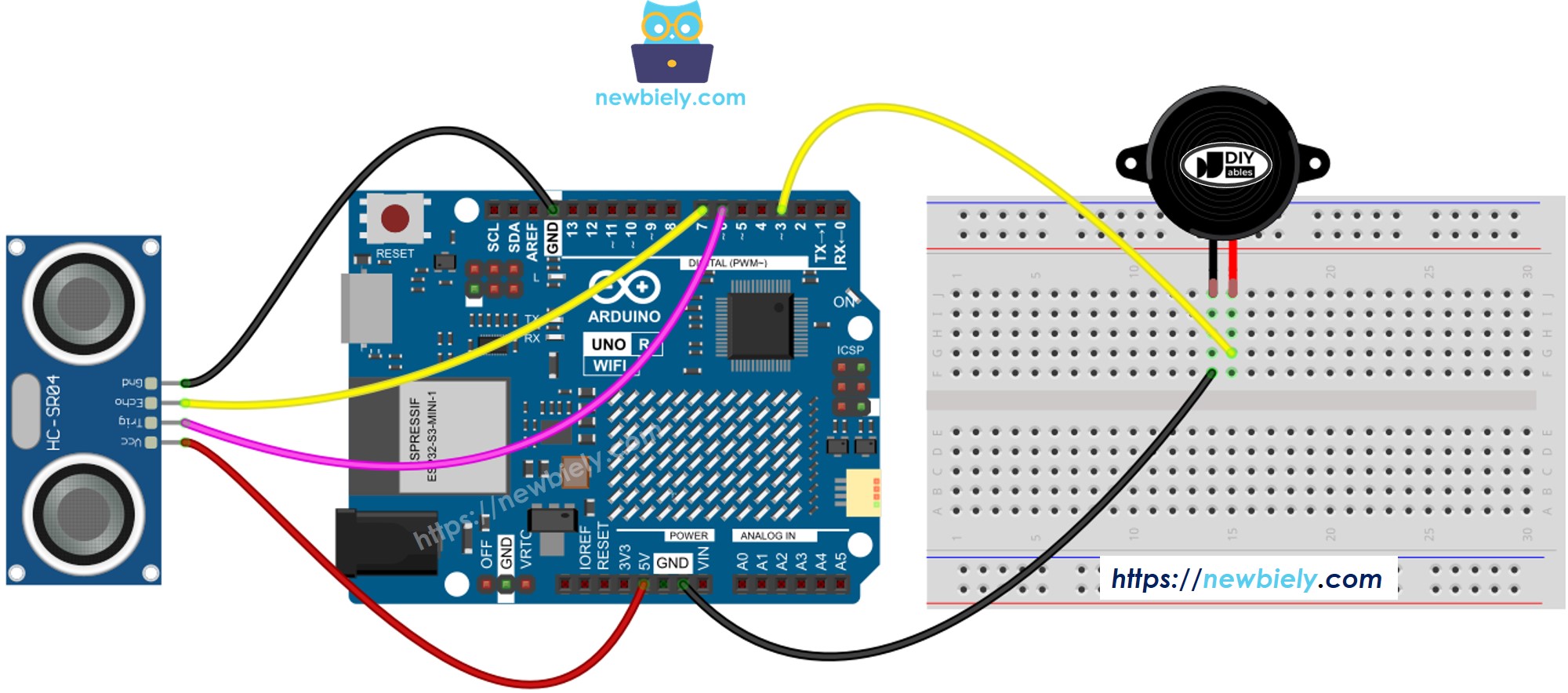 The wiring diagram between Arduino UNO R4 ultrasonic sensor piezo buzzer