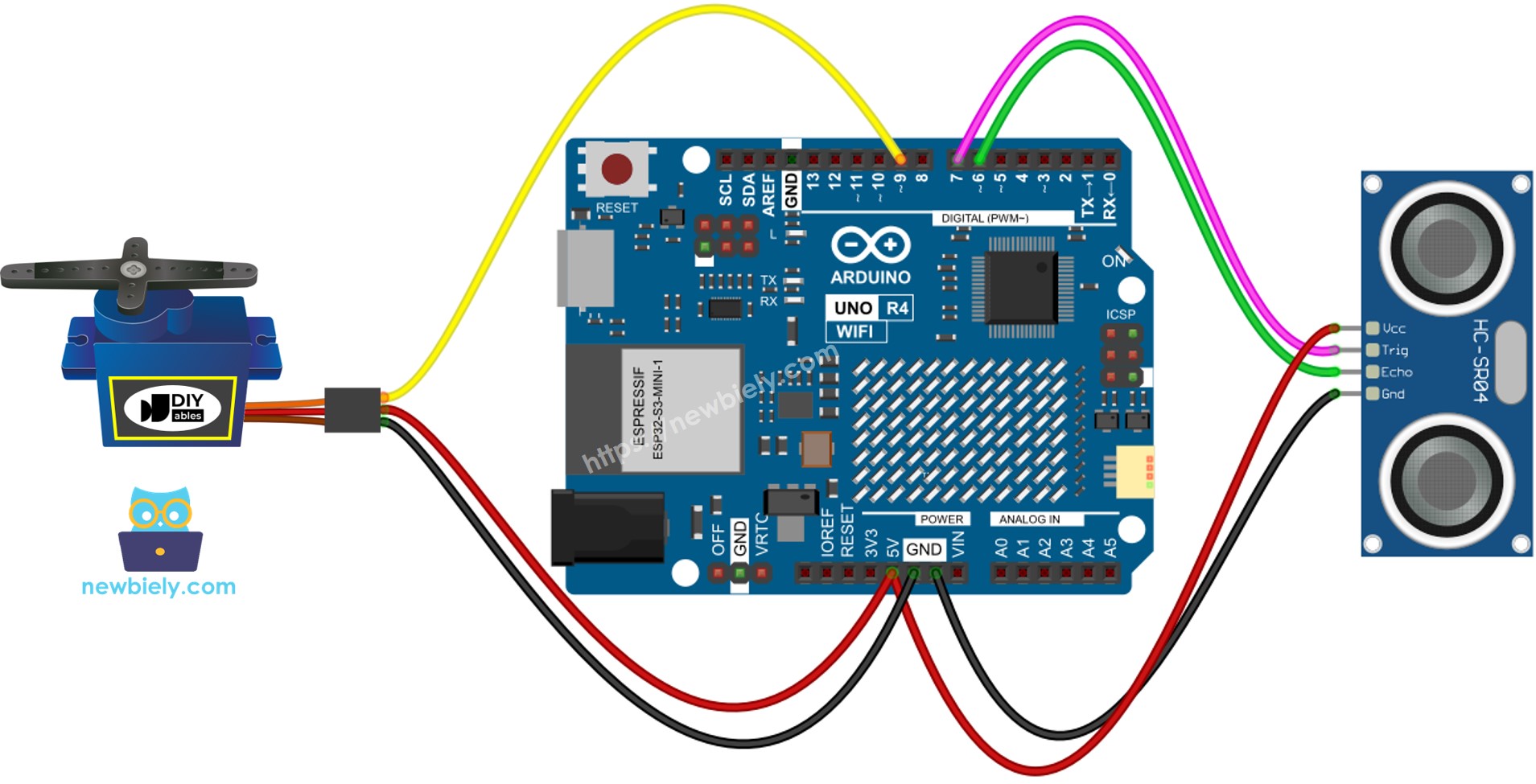 The wiring diagram between Arduino UNO R4 Ultrasonic Sensor Servo Motor