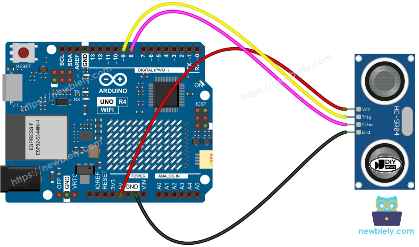 The wiring diagram between Arduino UNO R4 Ultrasonic Sensor