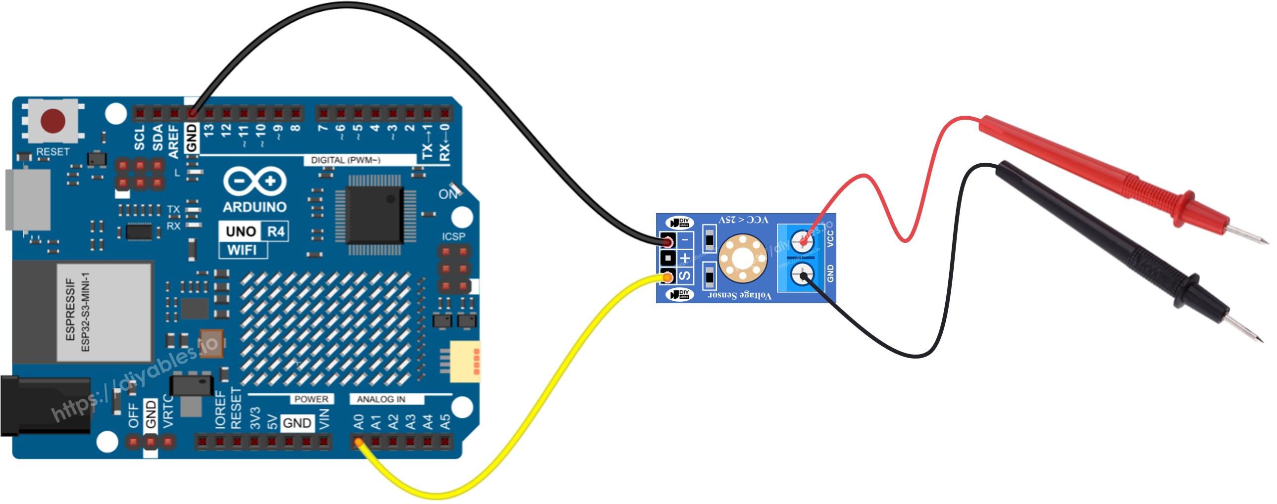 The wiring diagram between Arduino UNO R4 voltage sensor