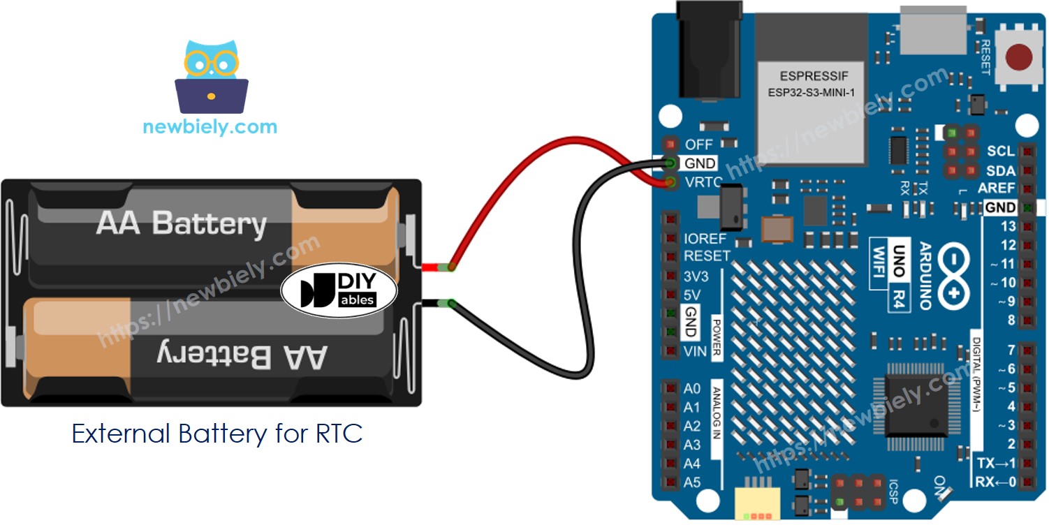 The wiring diagram between Arduino UNO R4 WiFi RTC backup battery