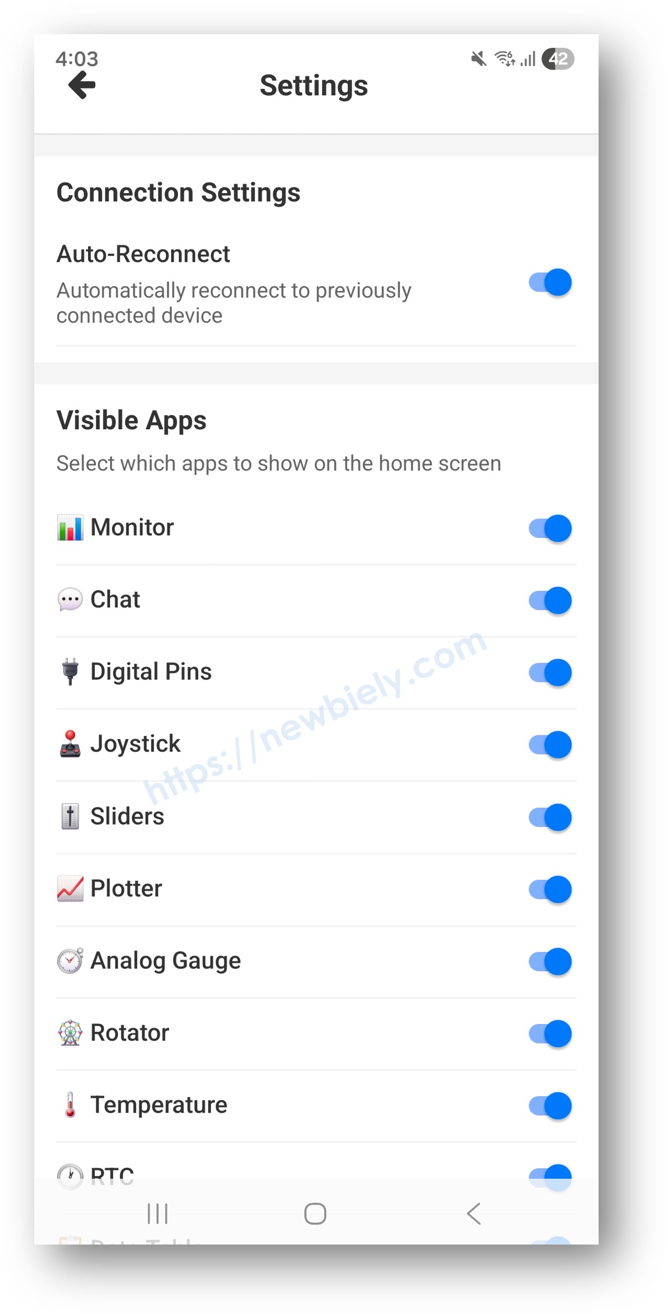 DIYables Bluetooth App Settings - Auto Reconnect and Visible Apps Configuration