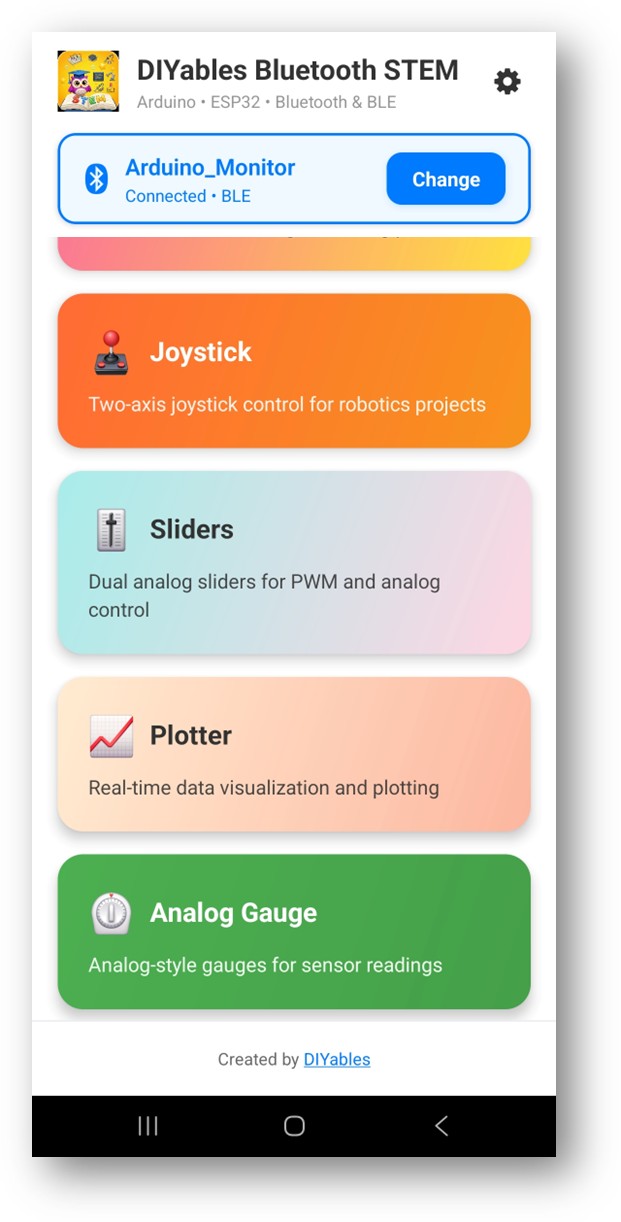 DIYables Bluetooth STEM App Home Screen - Arduino ESP32 Bluetooth Control Dashboard