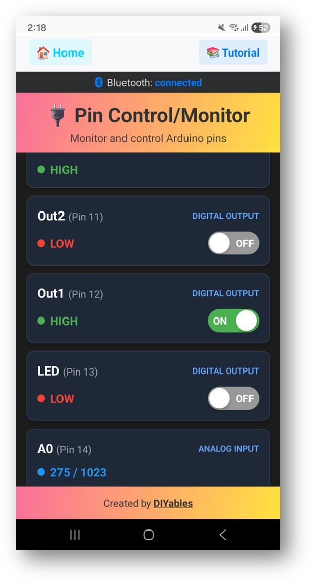 DIYables Bluetooth App Digital Pin Control - Arduino ESP32 GPIO Control via BLE