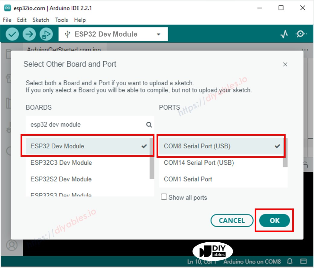 ESP32 Dev Module board selection in Arduino IDE