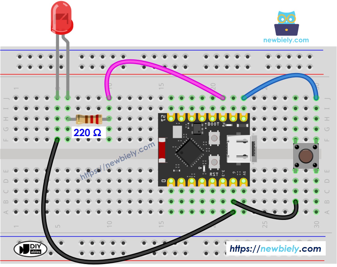The wiring diagram between ESP32 C3 Super Mini Button LED