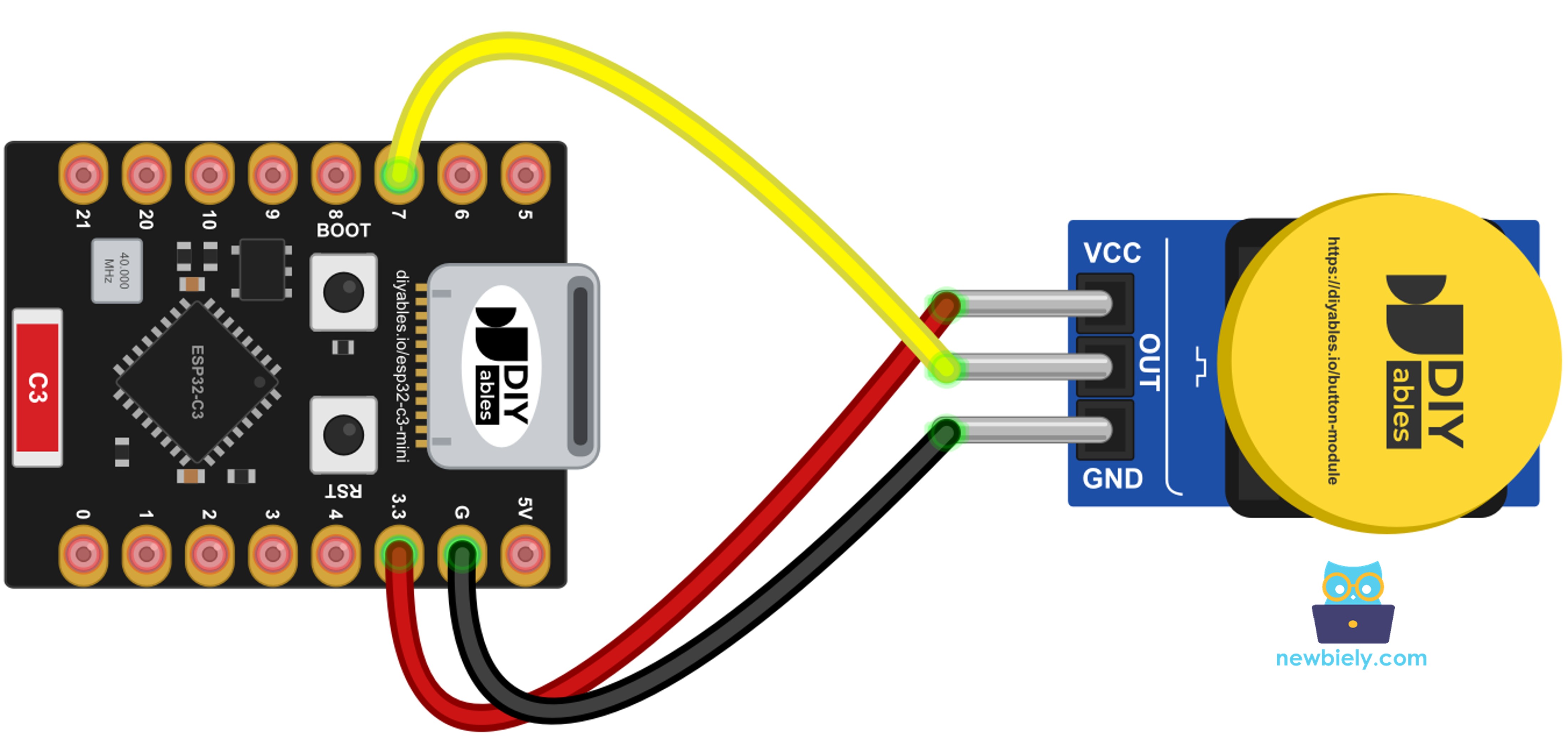 The wiring diagram between ESP32 C3 Super Mini Button Module