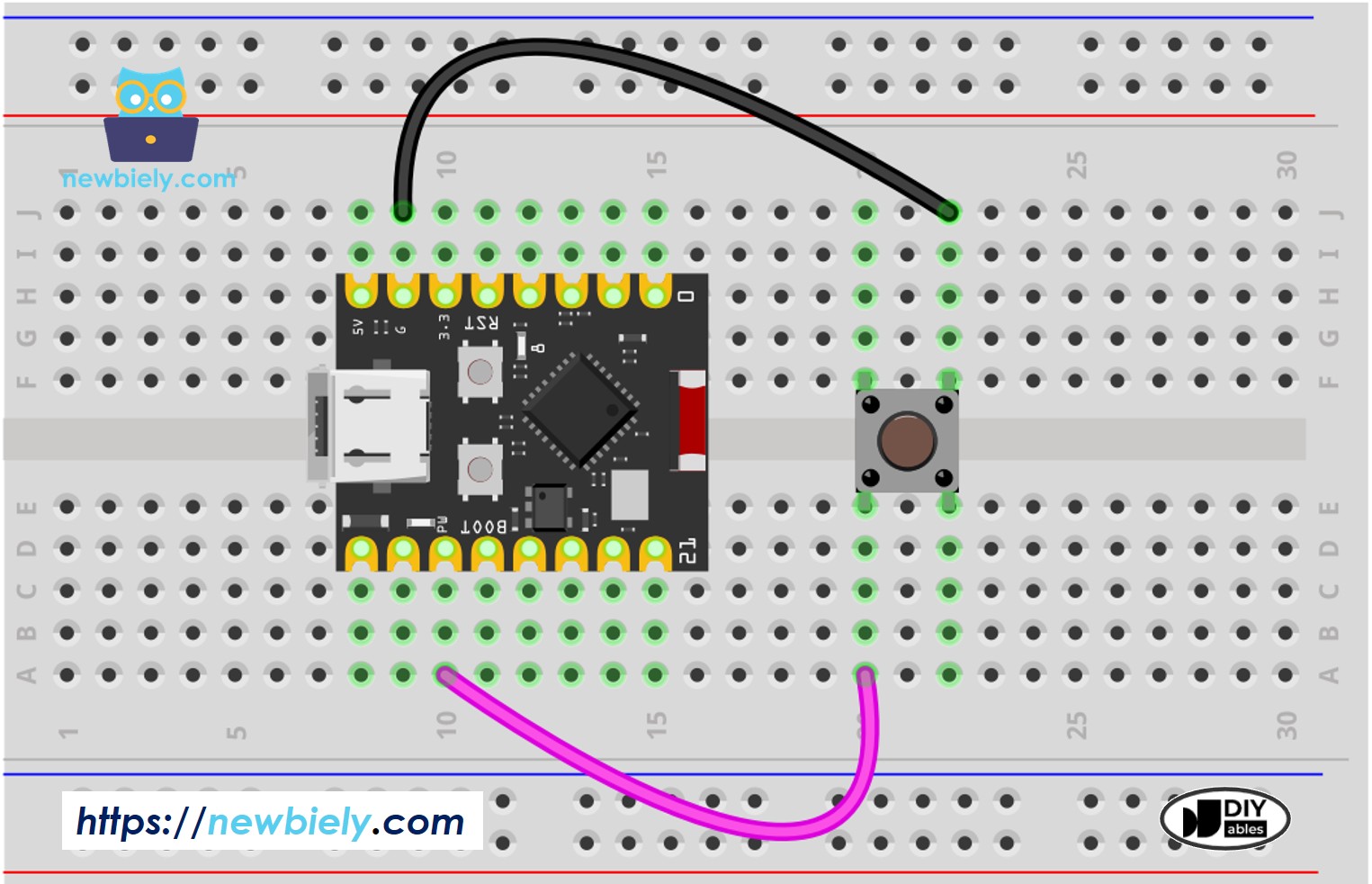 The wiring diagram between ESP32 C3 Super Mini Button