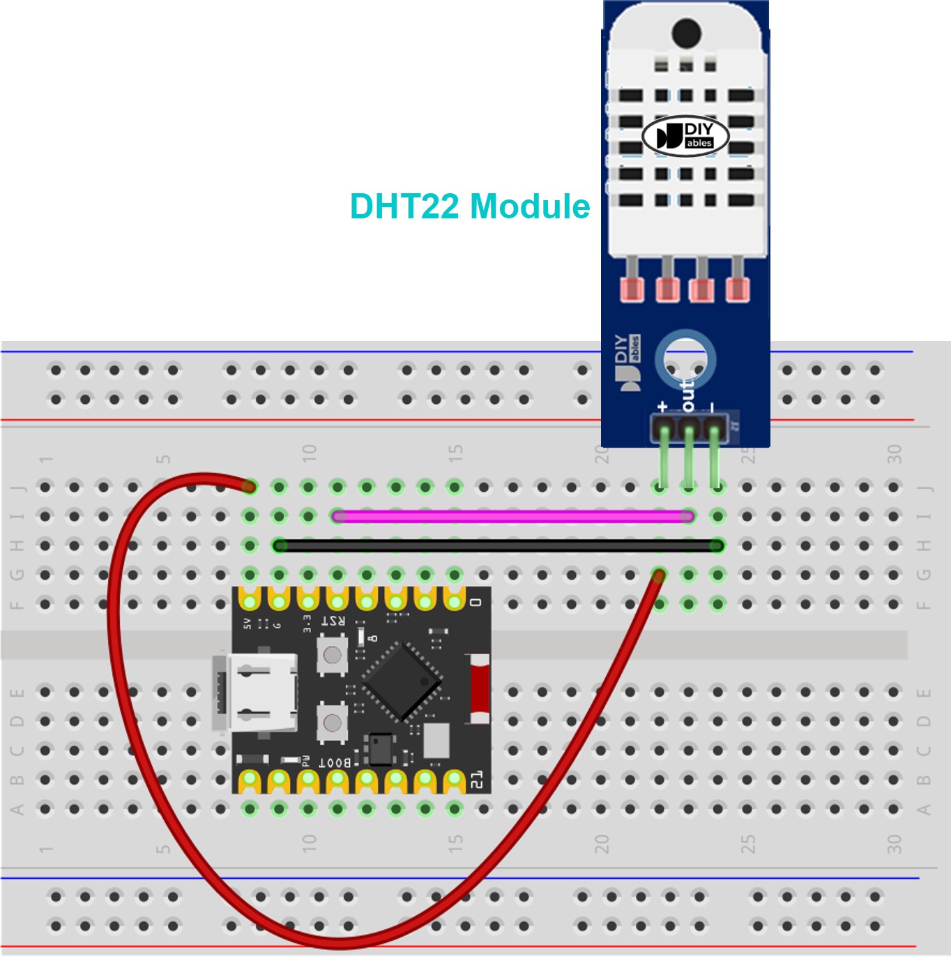The wiring diagram between ESP32 C3 Super Mini DHT22 Temperature and humidity Module