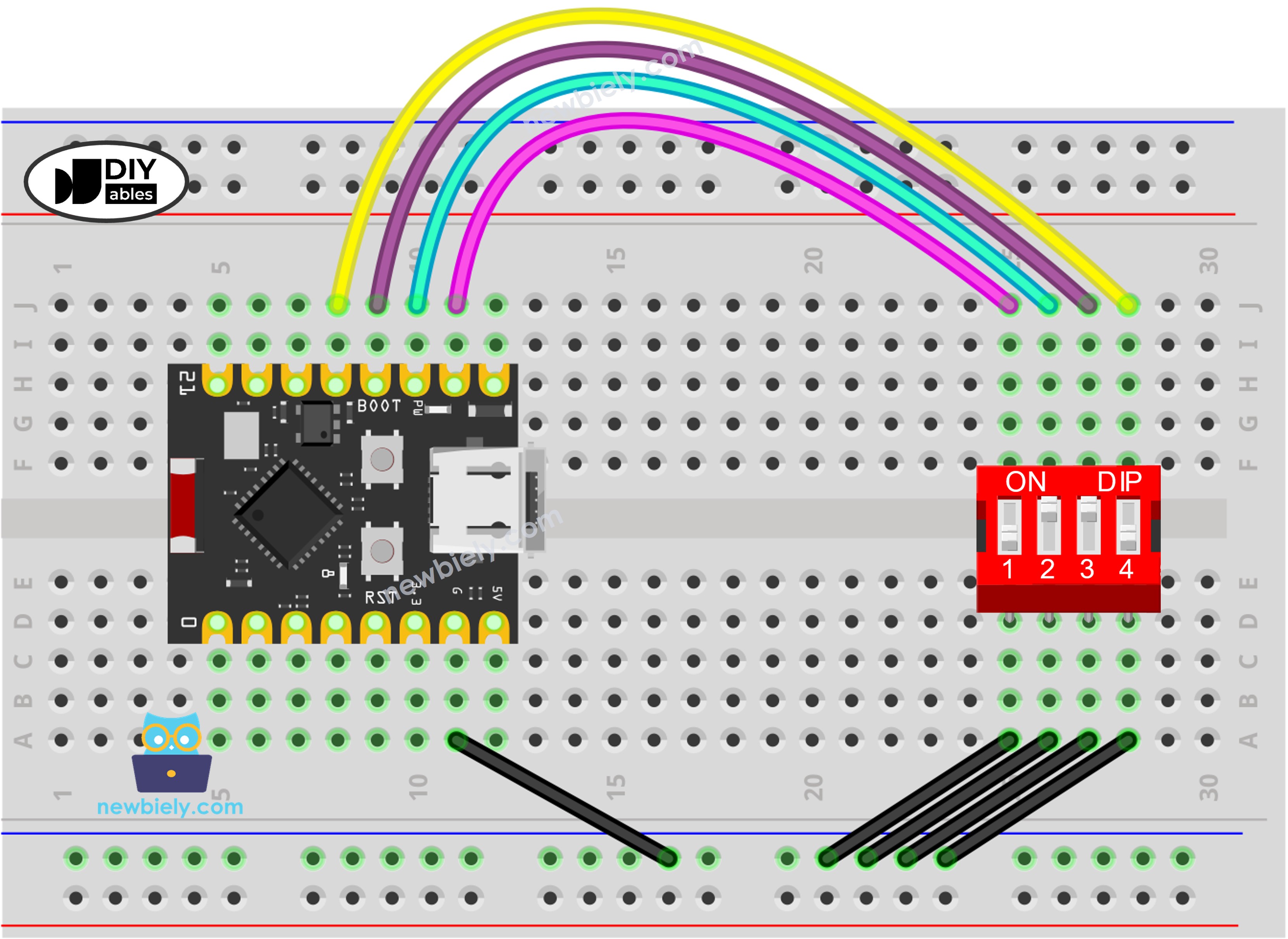 The wiring diagram between ESP32 C3 Super Mini DIP switch
