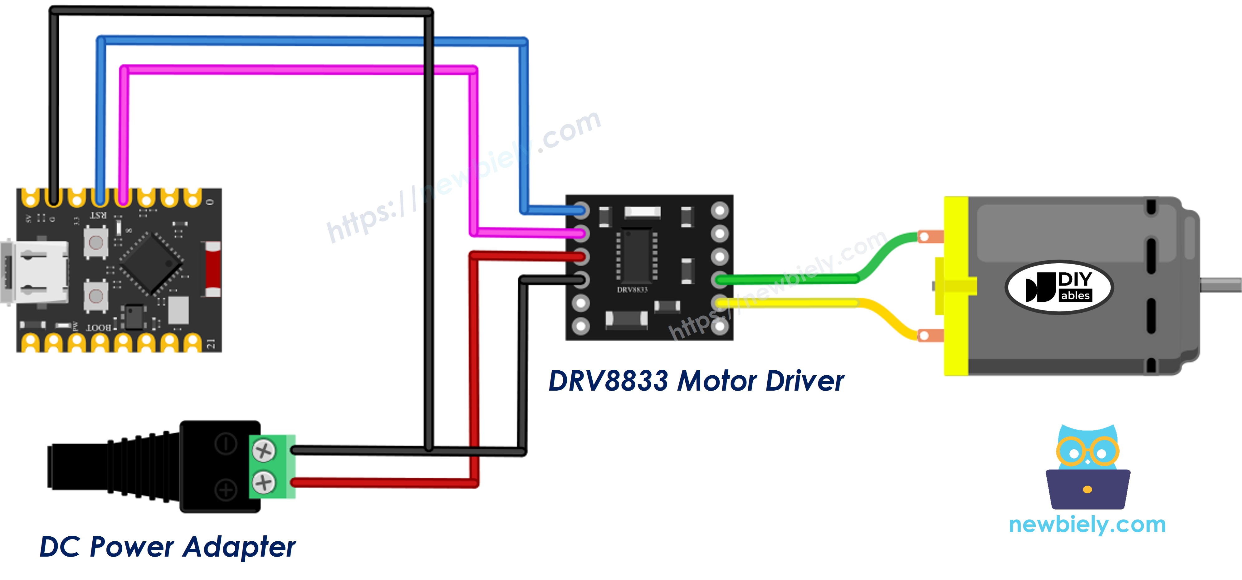 The wiring diagram between ESP32 C3 Super Mini DRV8833 one DC motor