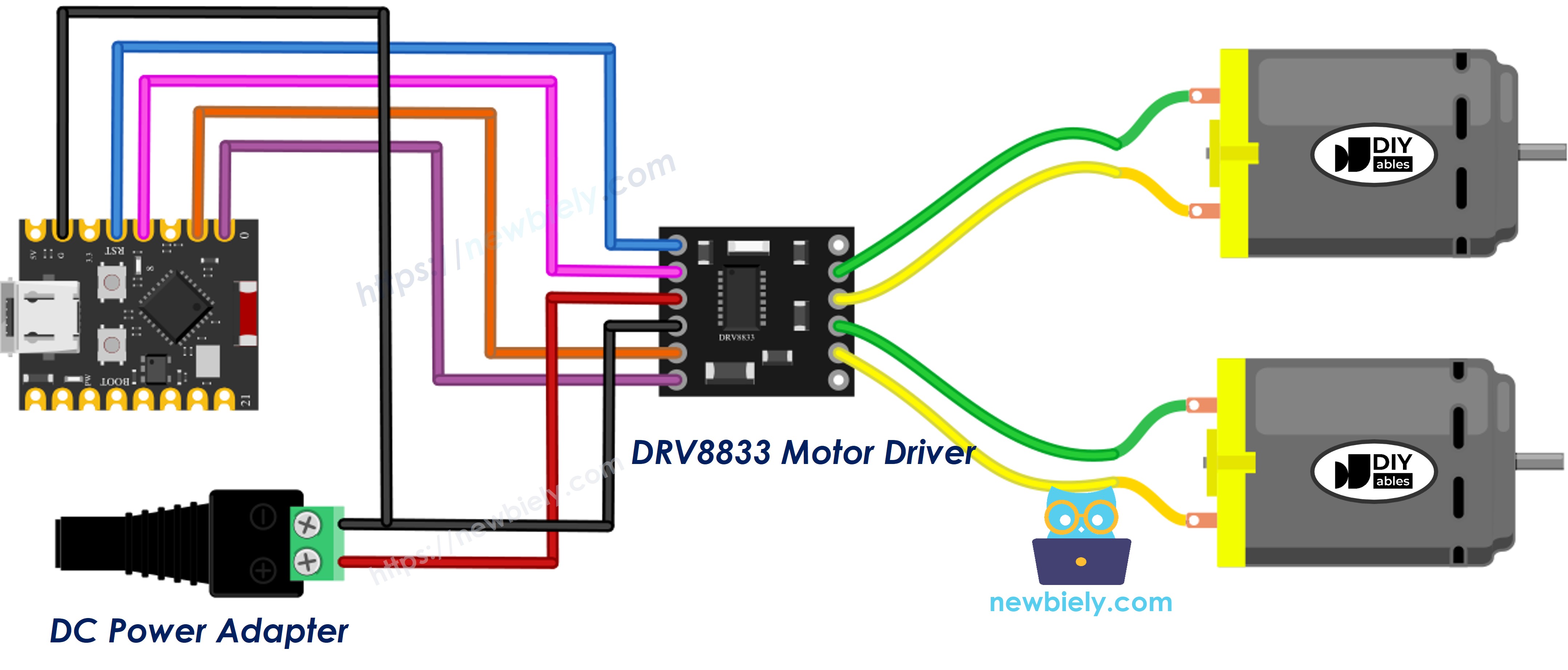 The wiring diagram between ESP32 C3 Super Mini DRV8833 two DC motors