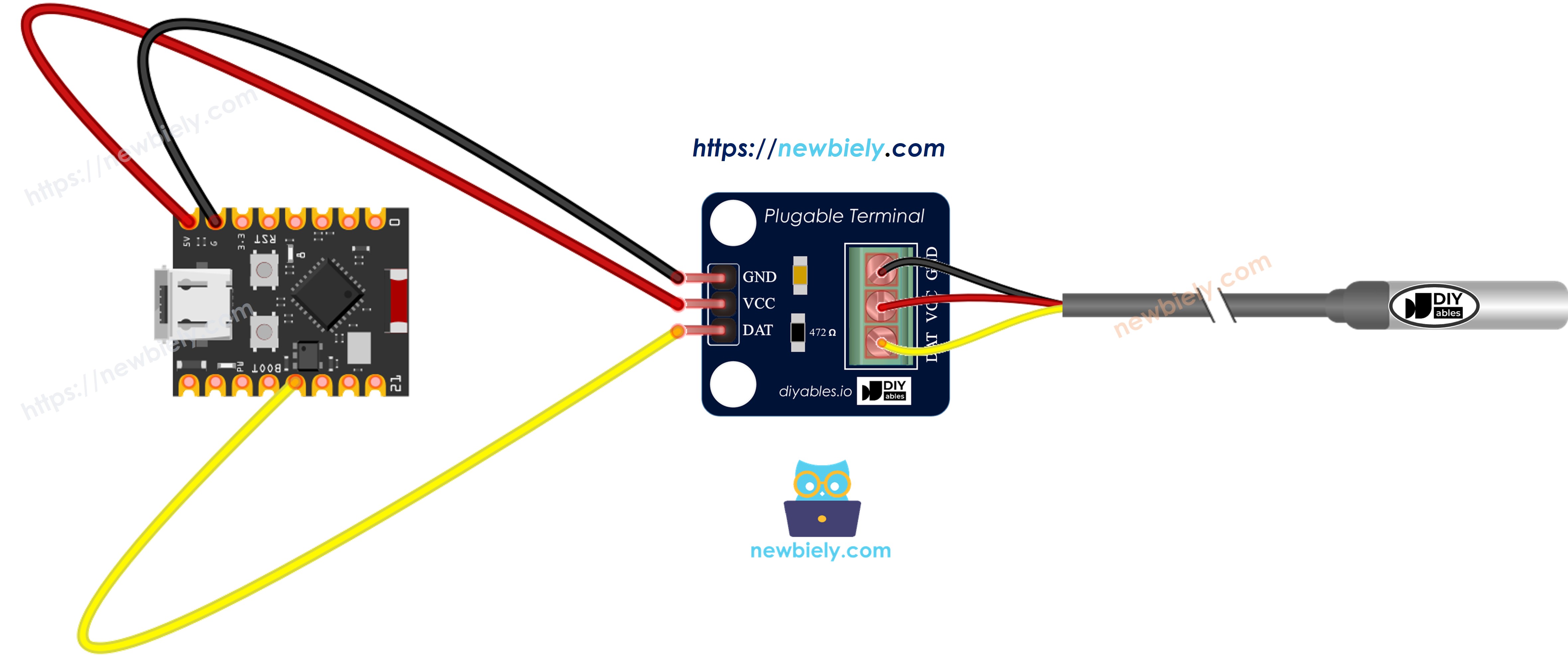 The wiring diagram between ESP32 C3 Super Mini DS18B20