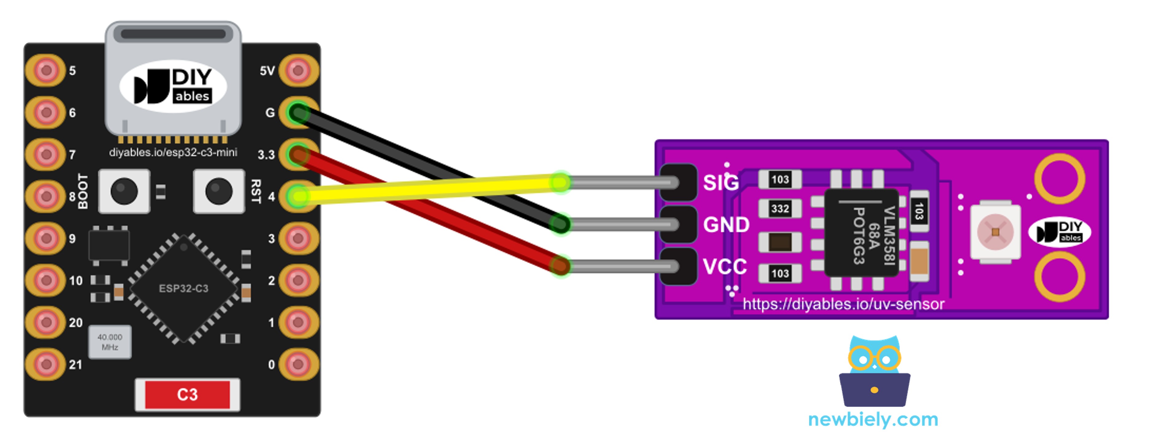 The wiring diagram between ESP32 C3 Super Mini GUVA-S12SD UV Sensor