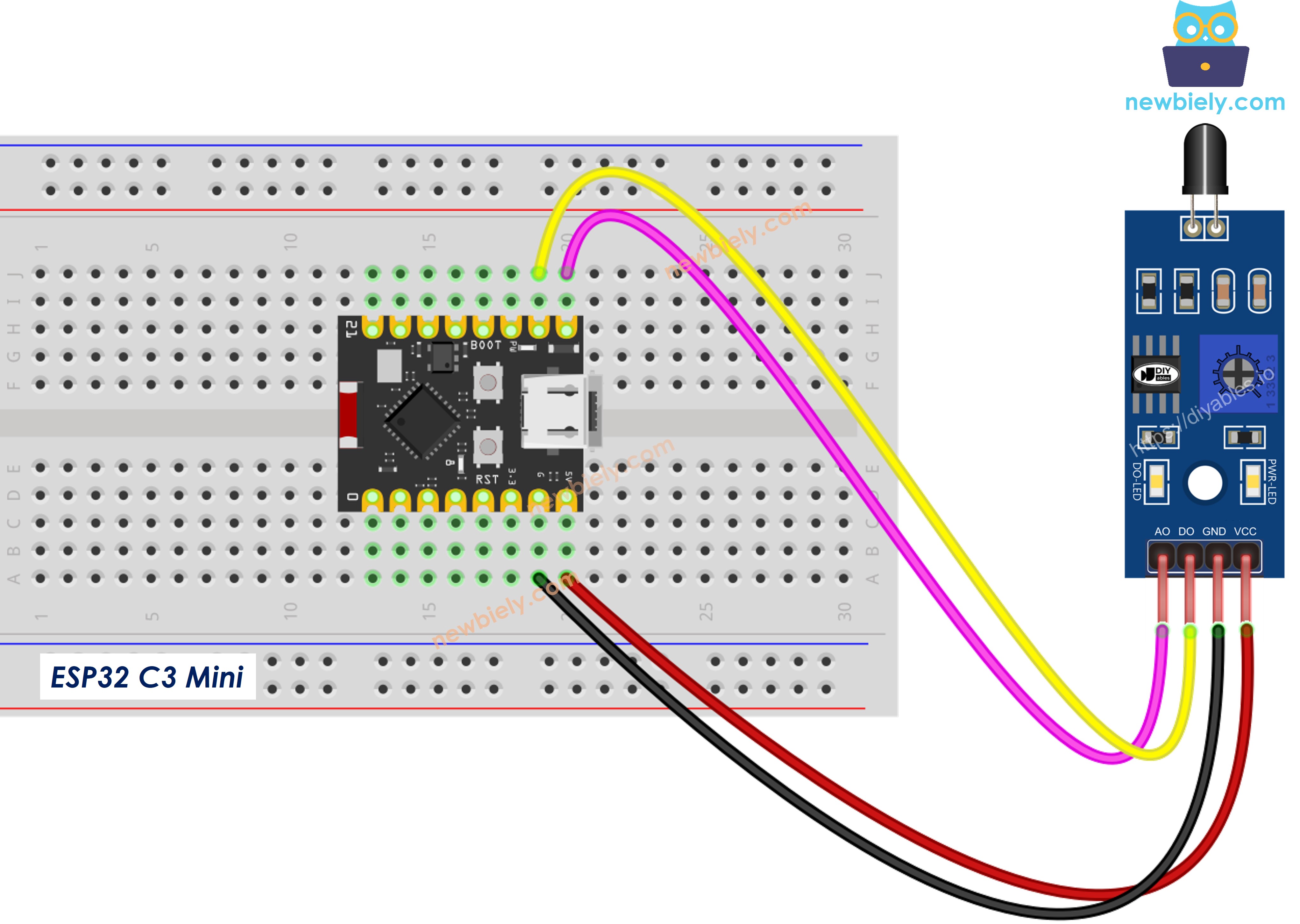 The wiring diagram between ESP32 C3 Super Mini infrared flame sensor